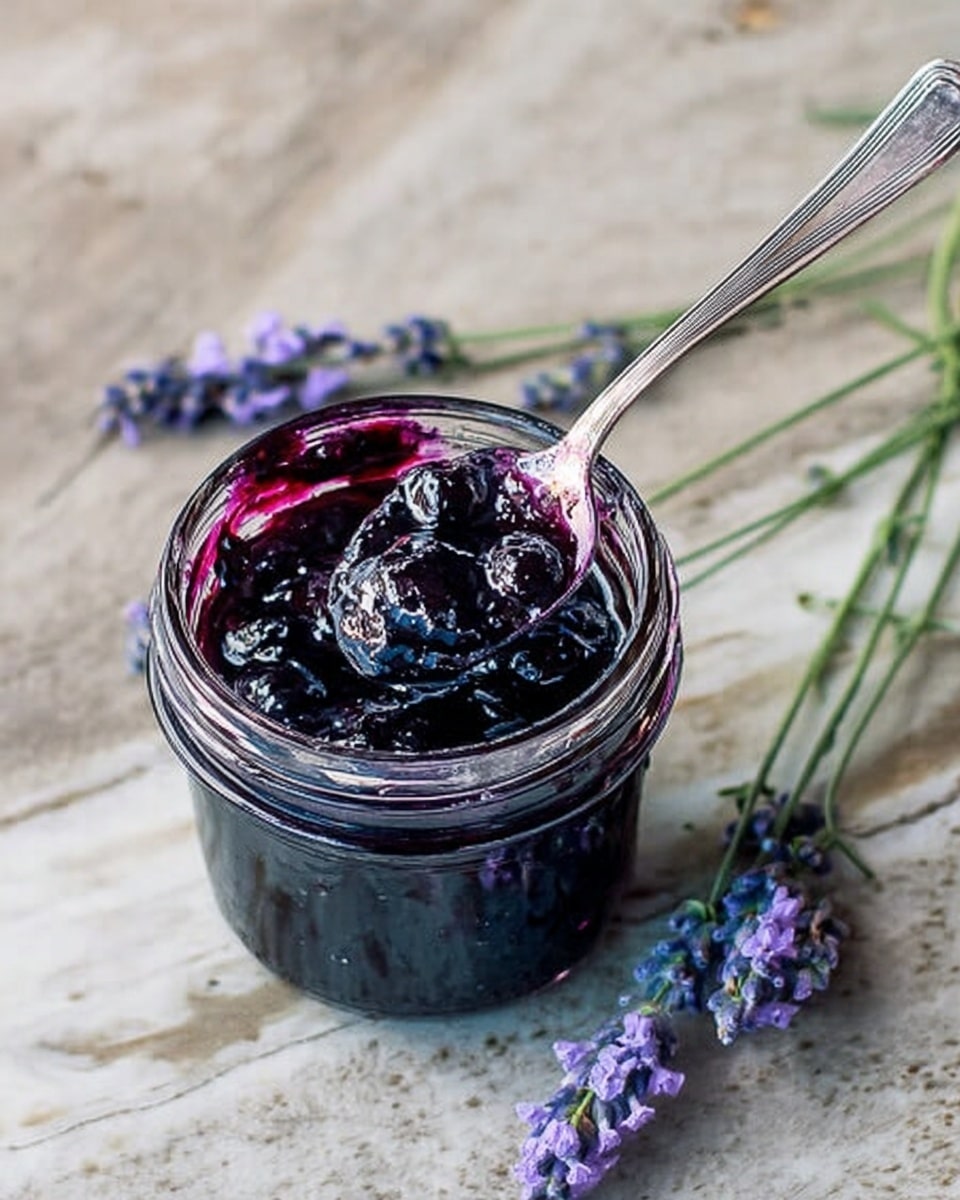 A clear glass jar filled with thick dark purple blueberry jam, with visible whole blueberries inside. A silver spoon rests on top, covered in the shiny jam. The jar is placed on a white marbled surface, next to a few sprigs of light purple lavender flowers lying flat. The wooden texture is removed and replaced by the white marbled texture. photo taken with an iphone --ar 4:5 --v 7