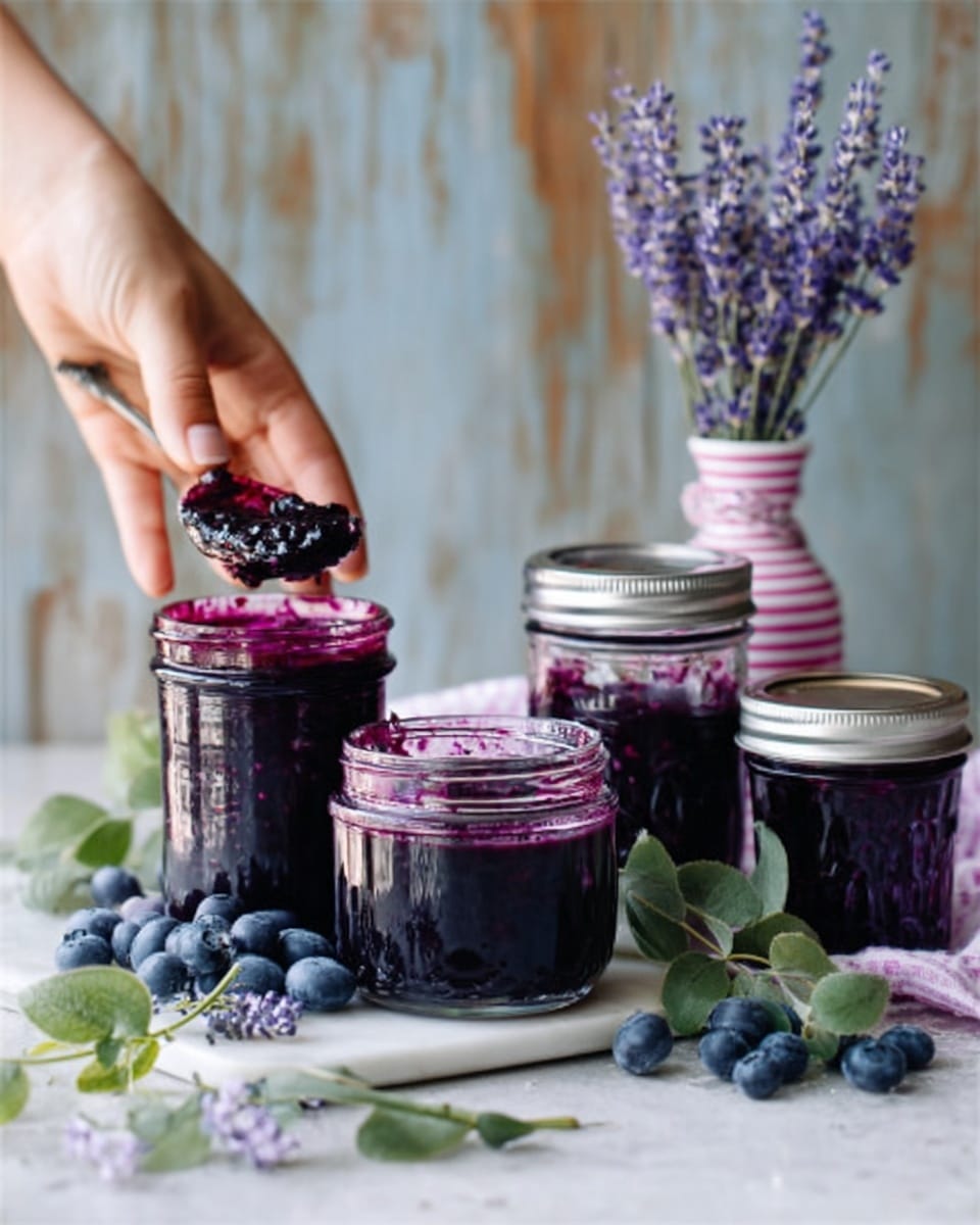 The image shows four glass jars filled with dark purple blueberry jam or sauce, placed on a white marbled surface. One jar is open and partially eaten, with thick jam visible inside and a woman's hand holding it from the left side. Another jar is wide and round, fully covered with jam, sitting in the front center. Two smaller jars with metal lids are closed and positioned behind. A small white striped pink vase holds thin lavender flowers standing tall in the middle-back. Blueberries and green leaves are scattered around the jars, adding fresh color. The wooden background is replaced by a white marbled texture, enhancing the jam jars' rich purple tones. photo taken with an iphone --ar 4:5 --v 7