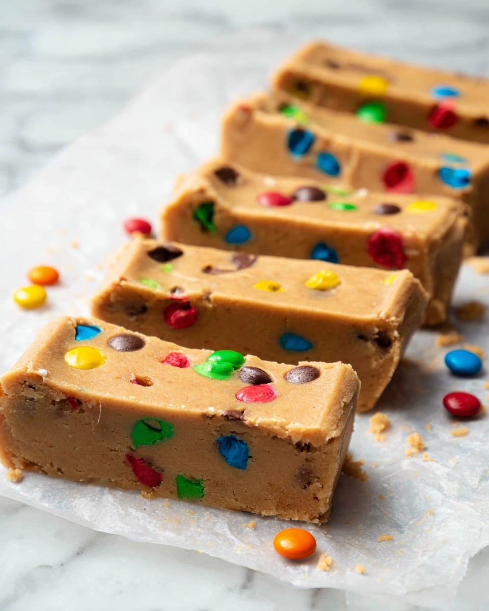 The image shows five thick rectangular bars of light brown dough-like dessert, each embedded with colorful candy pieces in red, green, yellow, blue, and orange scattered on the surface. The bars are arranged in a slightly overlapping line on a piece of parchment paper, placed on a white marbled textured background. The texture of the bars looks smooth and soft with tiny crumbs visible, and some candy pieces are also scattered around the bars on the parchment paper. The overall feel is warm and sweet. photo taken with an iphone --ar 4:5 --v 7