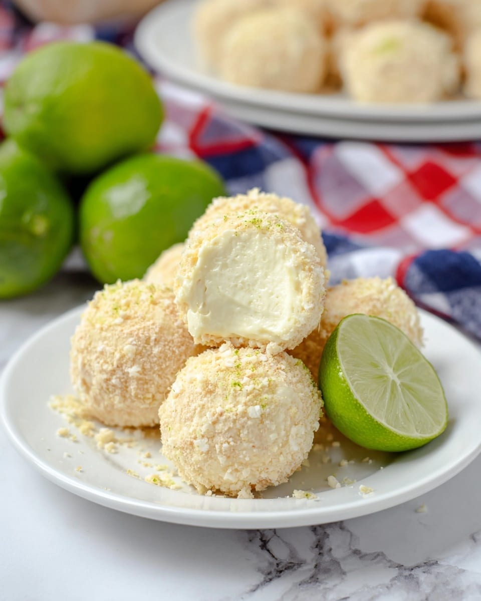 The image shows a white plate with seven round dessert balls covered in a crumbly, pale beige coating, stacked in a small pile. One ball is cut in half, revealing a soft, smooth white cream inside. Next to the dessert balls is a halved lime with bright green skin and light green inner flesh. In the background, there are three whole limes with shiny green skin, slightly blurred. The plate is set on a white marbled surface with a red, white, and blue checkered cloth nearby. Another white plate with more dessert balls is partially visible behind the main plate. photo taken with an iphone --ar 4:5 --v 7