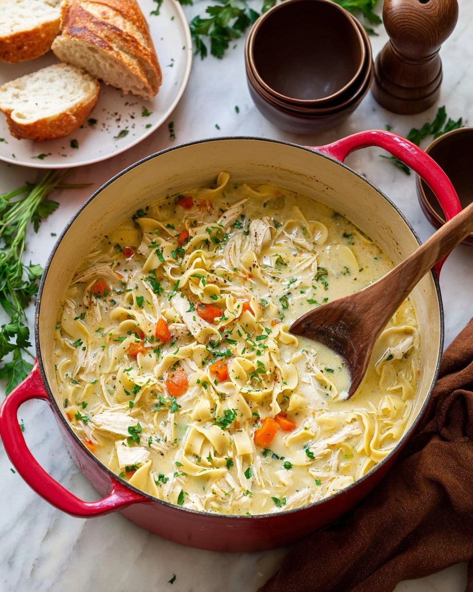 A red pot filled with creamy chicken noodle soup sits on a white marbled surface. The soup has three main layers: a light yellow creamy broth base mixed with pieces of shredded white chicken, orange carrot chunks, and pale yellow wide egg noodles, all topped with sprinkled green parsley. A large wooden spoon rests in the soup, partially stirring it. Nearby on the white marbled surface, there are pieces of sliced baguette bread, a white plate stacked with two dark brown bowls, a brown pepper mill, and fresh green parsley scattered around. A brown cloth napkin lay folded next to the pot. The photo taken with an iphone --ar 4:5 --v 7