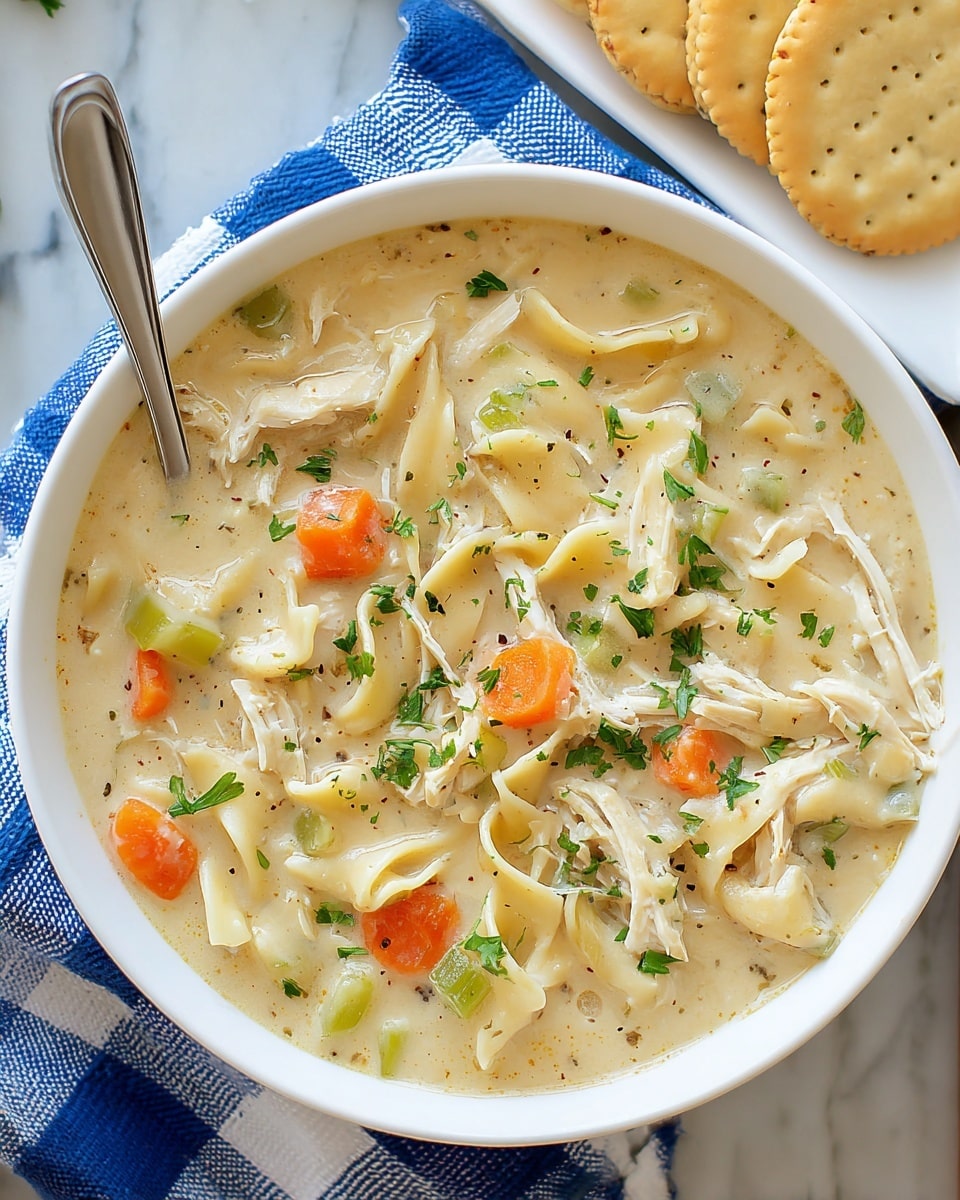 A white bowl filled with thick, creamy chicken noodle soup sits on a blue and white checkered cloth over a white marbled surface. The soup has chunky pieces of shredded white chicken, wide flat noodles, small orange carrot cubes, and thin slices of green celery mixed throughout. The creamy broth is light beige, with visible black pepper and fresh chopped green parsley sprinkled on top. Part of a silver spoon sticks out from the left side of the bowl. Next to the bowl, round pale golden crackers rest on a white rectangular plate. Photo taken with an iphone --ar 4:5 --v 7