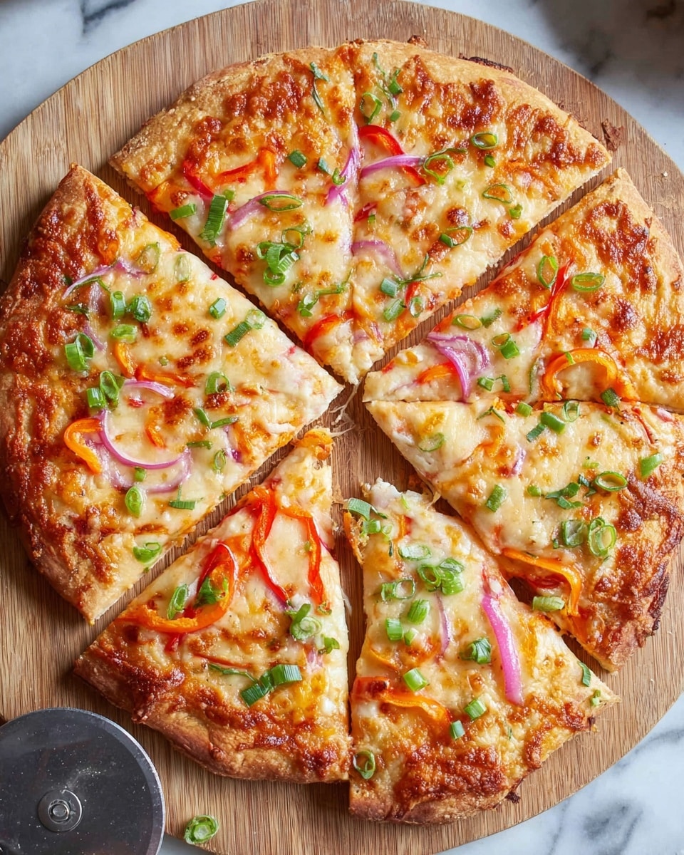 A round pizza with a golden-brown crust sits on a wooden board with six slices cut evenly. The bottom layer is a thin, slightly crispy dough crust, topped with a layer of melted cheese that is light golden and bubbly. Over the cheese, thin slices of red and orange bell peppers and small rings of red onion are spread evenly, giving pops of color. Fresh green herbs and sliced green onions are sprinkled on top, adding a fresh touch. The whole scene is on a white marbled textured surface, with a metal pizza cutter visible nearby. photo taken with an iphone --ar 4:5 --v 7