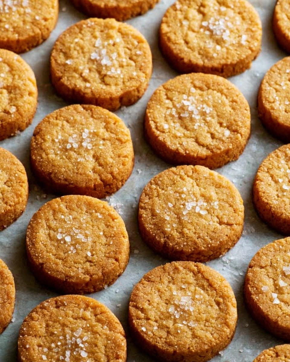 The image shows a close-up of many round, golden brown cookies arranged in neat rows on parchment paper. Each cookie has a slightly rough texture with small crystals of coarse salt sprinkled on top, giving a subtle sparkle. The cookies are thick with a soft crumbly edge and a slightly smoother top surface. The background is a white marbled texture. photo taken with an iphone --ar 4:5 --v 7