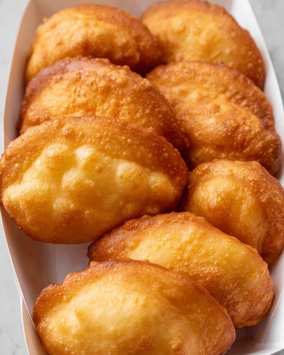 The image shows a close-up view of a white container filled with golden brown fried pastries. Each pastry has one visible main layer of crispy, bubble-textured dough with a slightly rounded shape and sealed edges. They are arranged tightly next to each other, filling the container with a warm, golden color and crunchy surface texture. The background is a white marbled texture. photo taken with an iphone --ar 4:5 --v 7