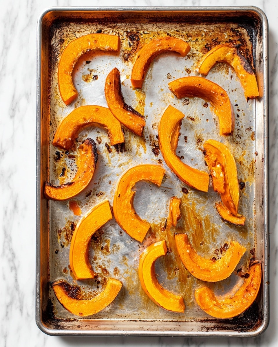 The image shows a metal baking sheet filled with roasted pumpkin slices. There are about fifteen slices scattered unevenly across the tray. Each slice has a bright orange color with some darker, slightly charred edges and spots. The texture of the pumpkin looks soft and cooked, with some pieces having wrinkled skin. The baking sheet has caramelized, browned spots and bits of baked-on residue around the edges and between the slices. The background surface under the tray is white with a marbled texture. photo taken with an iphone --ar 4:5 --v 7