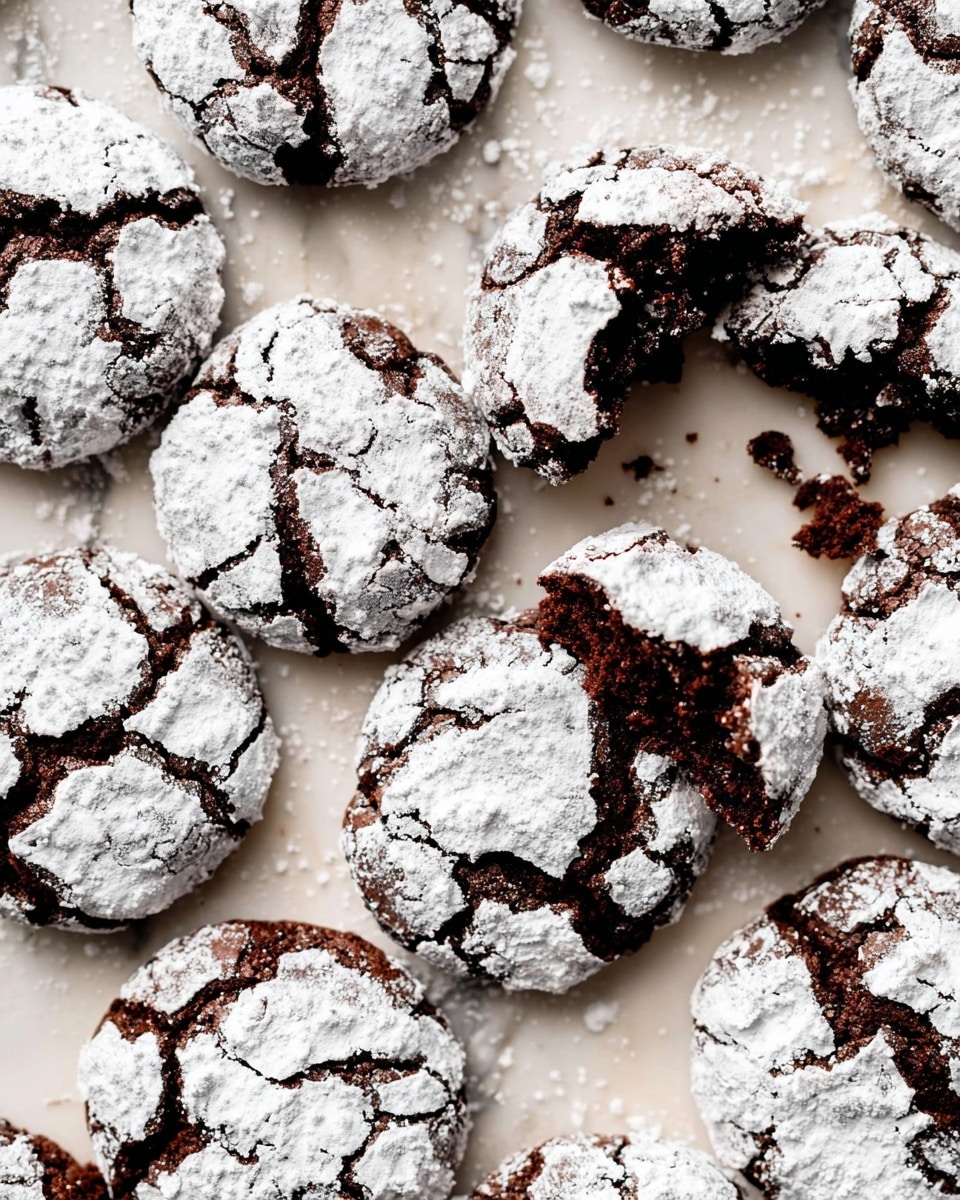 The image shows a close-up of many round chocolate cookies with rough cracked tops covered in white powdered sugar, revealing dark chocolate underneath. The cookies have a soft and slightly crumbly texture visible along the cracks and edges. They are placed close together on a white marbled surface, with some cookie pieces broken to show the inside. The contrast between the dark brown chocolate and the bright white powdered sugar creates a striking visual effect. photo taken with an iphone --ar 4:5 --v 7