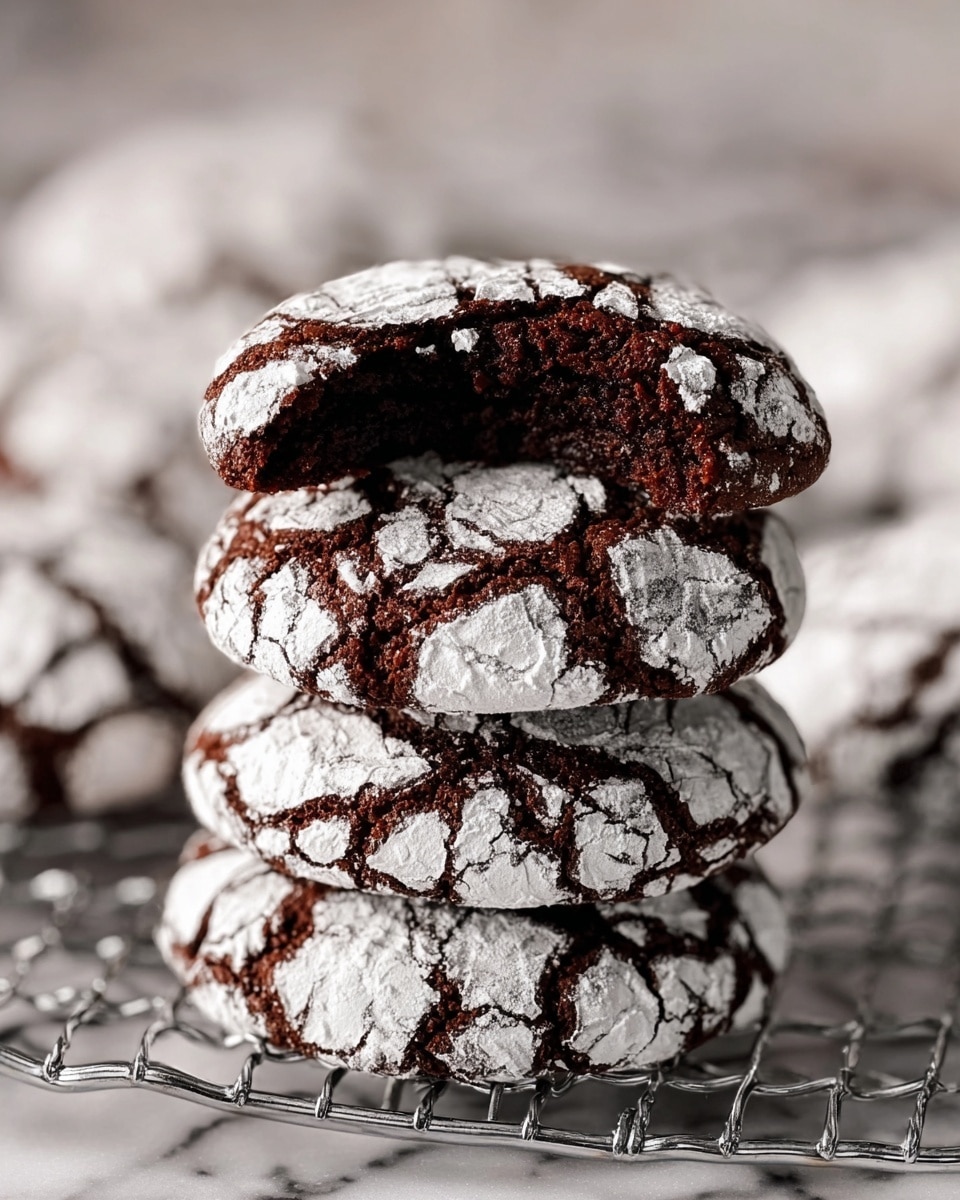 A stack of four chocolate crinkle cookies resting on a silver cooling rack over a white marbled surface. Each cookie has a cracked pattern of white powdered sugar on the top, showing the deep dark brown moist chocolate dough underneath. The top cookie has a bite taken out, revealing a soft, fudgy texture inside. The cookies are thick and round, with the powdered sugar creating a rough, textured look on top. The background is softly blurred with more cookies visible, keeping the focus on the stack. Photo taken with an iphone --ar 4:5 --v 7