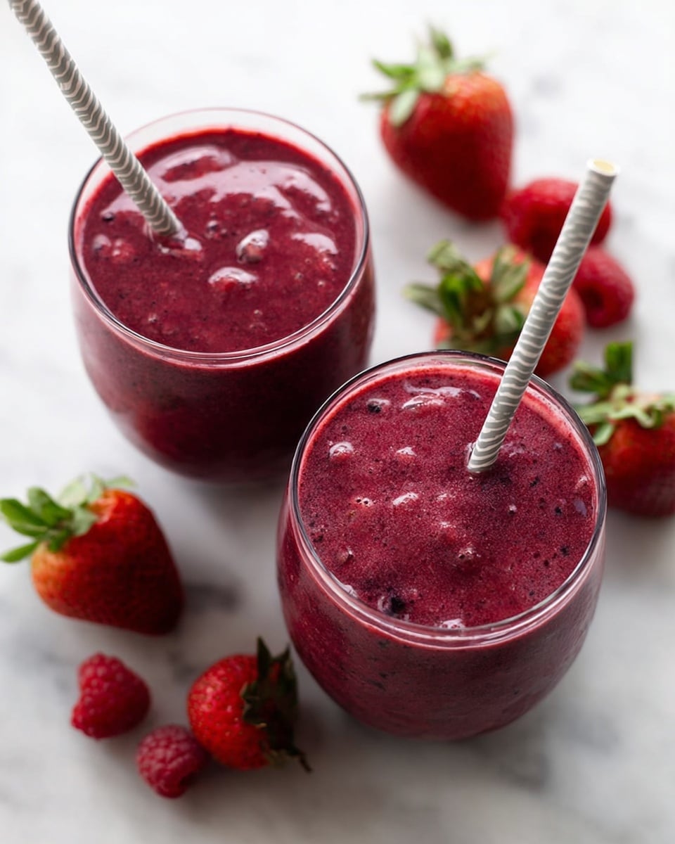 A close-up view of a thick, deep red smoothie with black specks in a clear round glass, filled almost to the top. A white and gray striped straw is inserted into the smoothie, slightly sinking into the swirled, glossy surface. Around the glass, there are blurred red strawberry pieces placed on a white marbled surface. photo taken with an iphone --ar 4:5 --v 7