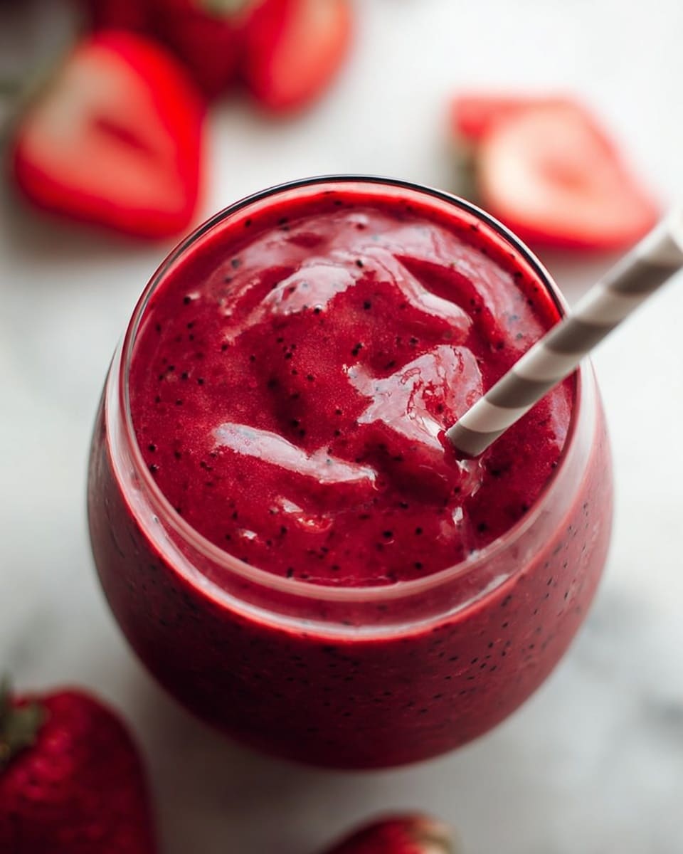 Two glasses filled with thick, deep red-purple berry smoothies, each topped with a white and gray striped paper straw. The smoothies have a textured surface with small berry seeds visible. Around the glasses are scattered fresh red strawberries with green leaves and a few red raspberries, all set on a white marbled surface. photo taken with an iphone --ar 4:5 --v 7