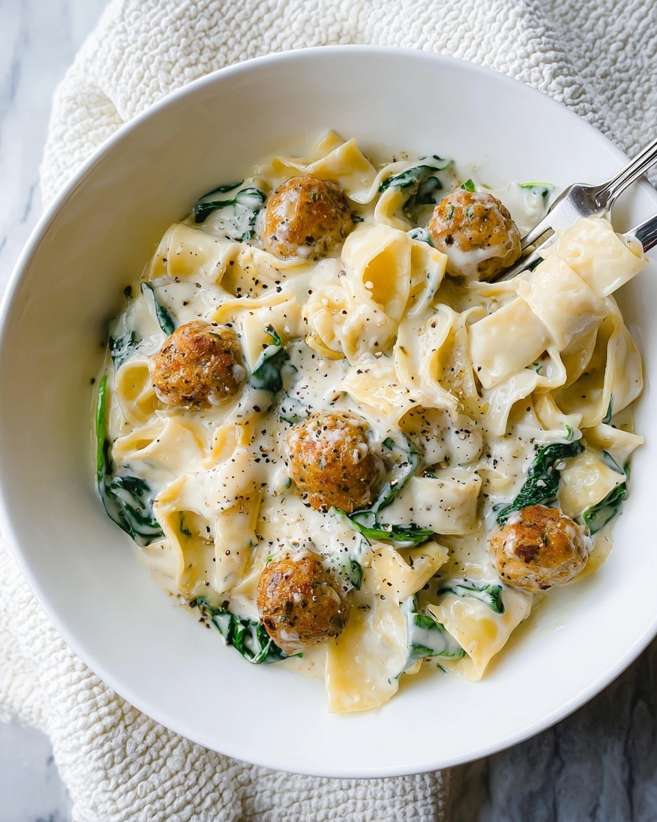A white round bowl holds a creamy pasta dish with wide, flat pasta noodles covered in a thick white sauce. There are small, round golden-brown fried meatballs scattered evenly on top, and fresh green spinach leaves are mixed throughout the pasta. The sauce has a smooth texture and is sprinkled with coarse ground black pepper, adding small black specks to the creamy white surface. A silver fork rests in the bowl on the right side, partially lifting some of the pasta. The bowl sits on a white marbled surface with a textured white cloth nearby. photo taken with an iphone --ar 4:5 --v 7