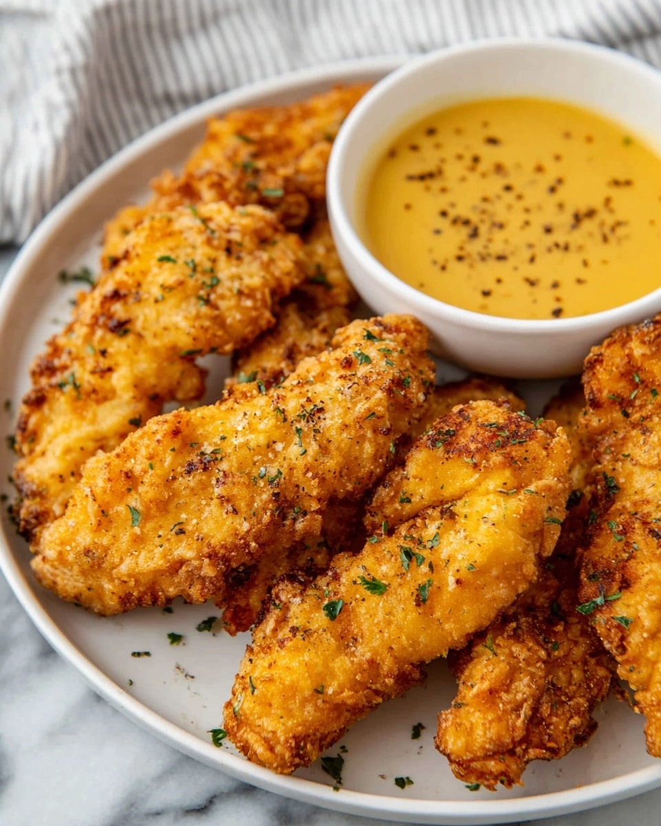 A white plate filled with several golden-brown crispy fried chicken tenders, each piece showing a rough crunchy texture with small bits of herbs on top. The tenders are thick and lightly browned in some spots. In the center-right of the plate, there is a small white bowl with smooth creamy golden-yellow dipping sauce sprinkled with black pepper. The plate sits on a white marbled surface with a soft, blurred white and gray striped cloth in the background. photo taken with an iphone --ar 4:5 --v 7