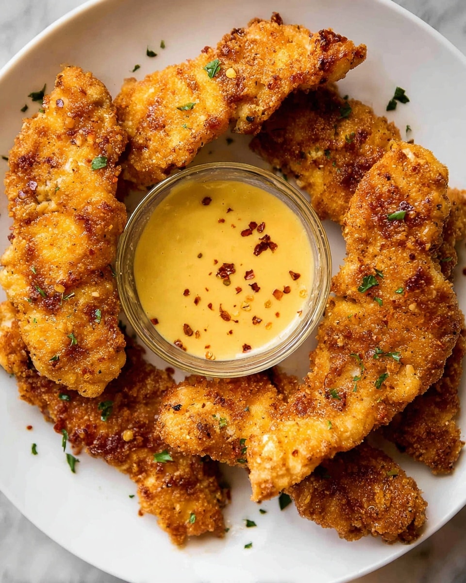 A white plate with six pieces of golden brown, crispy fried chicken tenders arranged around a small clear bowl filled with creamy yellow dipping sauce sprinkled with red spices; the tenders have a crunchy, uneven texture with some green herb bits scattered on top and around the plate, all set on a white marbled surface photo taken with an iphone --ar 4:5 --v 7