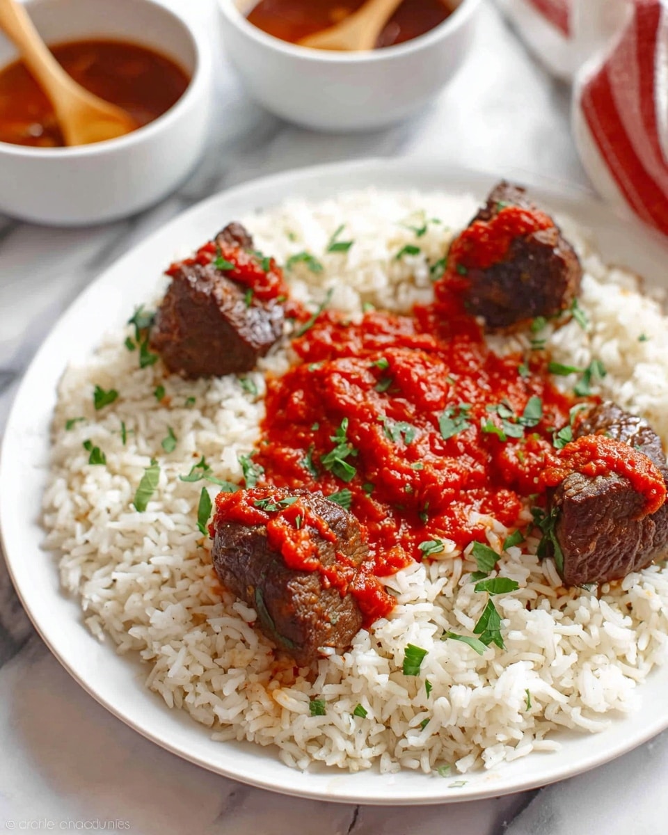 A white plate holds a serving of white rice topped with a red tomato sauce spread mainly in the center, with bright green chopped herbs sprinkled on top. Surrounding the rice are six pieces of cooked brown beef chunks, each with a dollop of the same red sauce and herbs. In the background, two white bowls with a wooden spoon in each contain a brown liquid, all set on a white marbled surface. Photo taken with an iphone --ar 4:5 --v 7