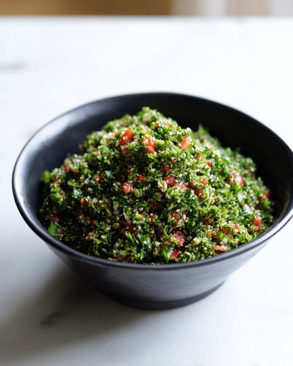 A black bowl filled with a finely chopped mixture of bright green herbs and small bits of red vegetables, creating a colorful, textured salad. The mix looks fresh and slightly moist, with tiny pieces of white grains or seeds blending in evenly. The bowl sits on a white marbled surface under soft light, giving the overall image a clean and inviting feel. Photo taken with an iphone --ar 4:5 --v 7
