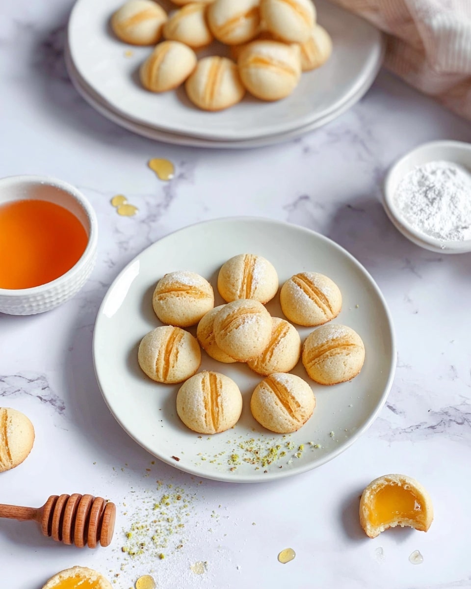 A white plate holds about a dozen small round cookies with a light yellow color, each cookie made of two halves pressed together with a thin golden filling in the middle. Some crumbs and greenish powder are sprinkled on the plate around the cookies. Around the plate on a white marbled surface are more similar cookies, some whole and some cut in half showing the golden filling inside. A small white bowl next to the plate contains a smooth orange liquid with a wooden honey dipper beside it. In the top part of the image, another white plate holds more cookies, and a small round bowl with white powdered sugar sits nearby. Photo taken with an iphone --ar 4:5 --v 7