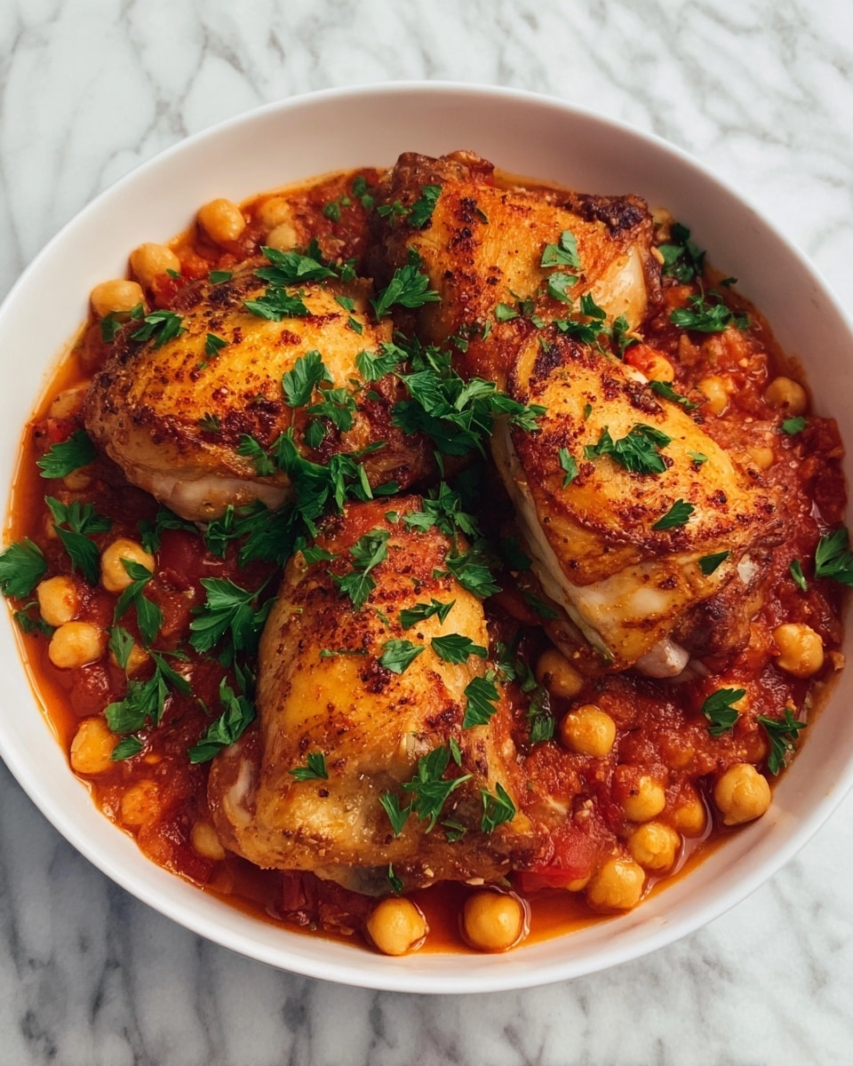 The dish is served in a white bowl filled with a rich, chunky tomato and chickpea stew as the base layer, with a vibrant orange-red color and some visible chickpeas scattered throughout. On top of the stew are three large pieces of roasted chicken with golden-brown, slightly crispy skin showing a mix of light brown and yellow tones. Fresh green parsley leaves are sprinkled evenly over the chicken and chickpeas, adding a fresh contrast of color. The bowl is placed on a white marbled surface. photo taken with an iphone --ar 4:5 --v 7