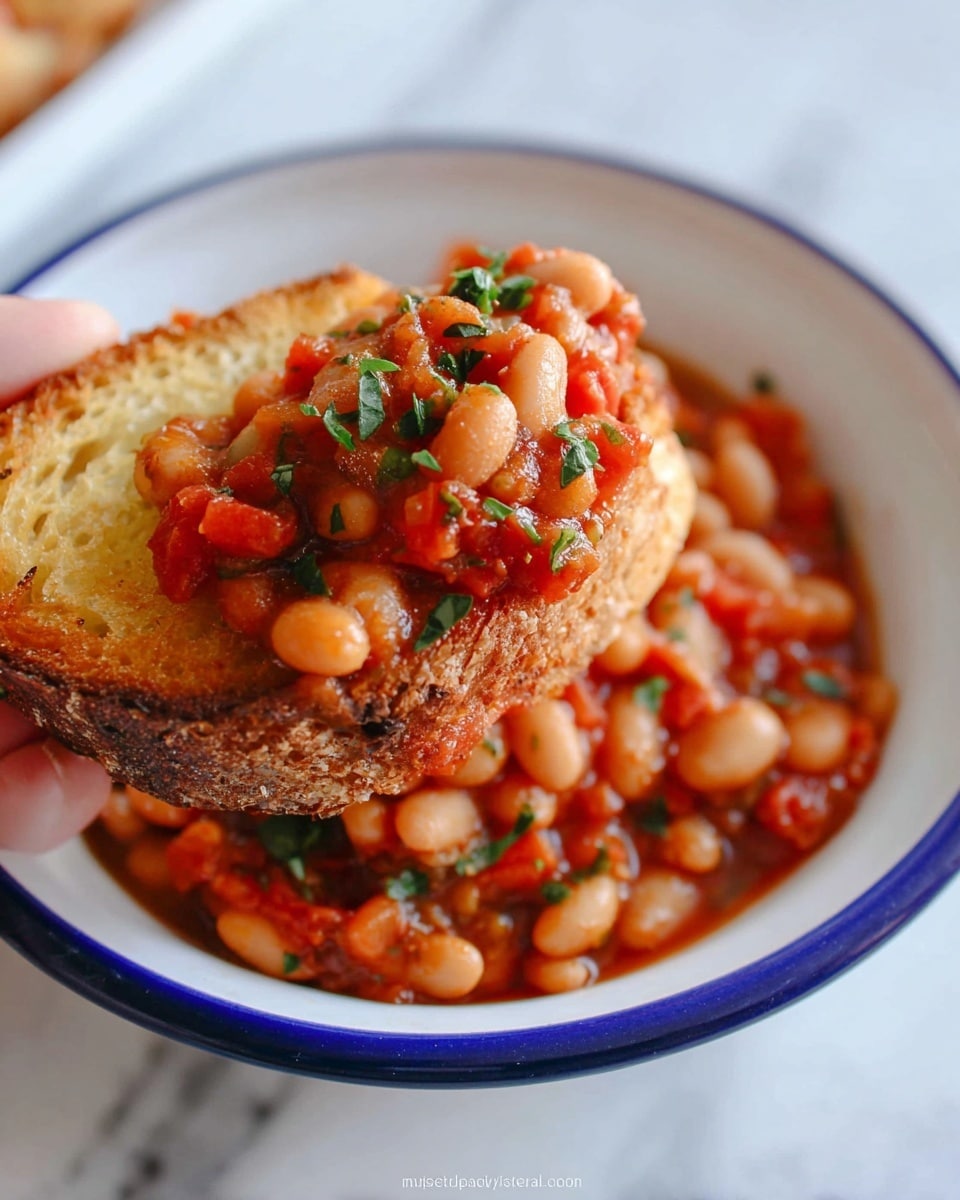 A close-up of a white bowl with a blue rim filled with a red stew made of small white beans mixed with diced red tomatoes and green herbs. A toasted piece of golden brown bread is held by a woman's hand and topped with a generous scoop of the stew. The beans have a soft, slightly glossy texture; the tomato sauce is thick and chunky, and small pieces of bright green herbs are scattered on top and inside the stew. The bowl sits on a white marbled surface. photo taken with an iphone --ar 4:5 --v 7