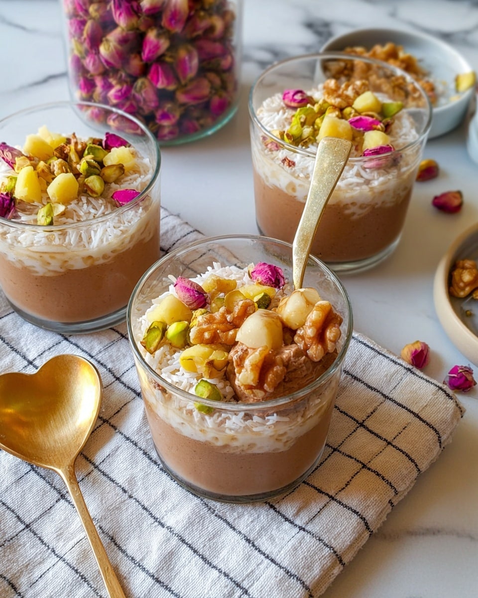 Three clear glass cups each show a dessert with two layers: the bottom layer is smooth and light brown, topped with a white shredded layer. On top there are scattered whole walnuts, pale yellow nuts, bright green pistachios, and small pink rose petals. One cup in the front has a shiny golden spoon inside, showing a scoop of the brown dessert beneath the white layer. The cups sit on a white marbled surface with a white cloth beneath them that has dark gray grid lines. Nearby, there is a small golden heart-shaped spoon and a glass container filled with pink dried rosebuds. Photo taken with an iphone --ar 4:5 --v 7