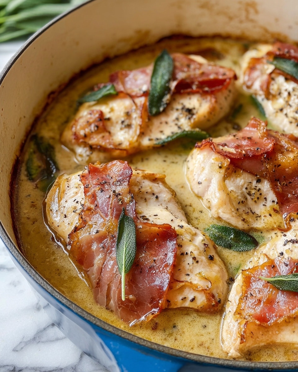 In a white enameled cooking pot with a blue outer edge, four pieces of chicken breasts are shown cooking in a light brown, clear sauce. Each chicken piece is topped with a thin, slightly crispy layer of reddish-brown prosciutto, with some small dark brown burnt spots on edges. Green sage leaves are placed on top and around the chicken, adding a pop of color. The sauce has a smooth, oily texture with flecks of black pepper scattered across the chicken. The close-up image has a soft, natural light highlighting the moist texture of the chicken and shiny prosciutto skin. The pot is resting on a white marbled surface with green sage leaves visible slightly out of focus in the background. photo taken with an iphone --ar 4:5 --v 7