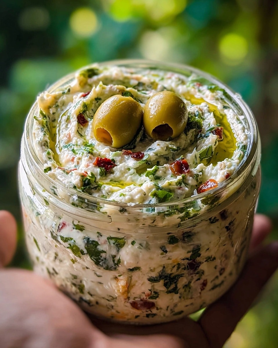 A clear glass jar filled with a creamy dip that has a thick, textured white base mixed with green herbs and small red bits spread evenly throughout. The top layer is swirled with more of the white herb mixture, drizzled lightly with olive oil, and garnished with two shiny green olives placed near the center. The jar is held gently by a woman's hand, and the background shows an out-of-focus green setting. photo taken with an iphone --ar 4:5 --v 7
