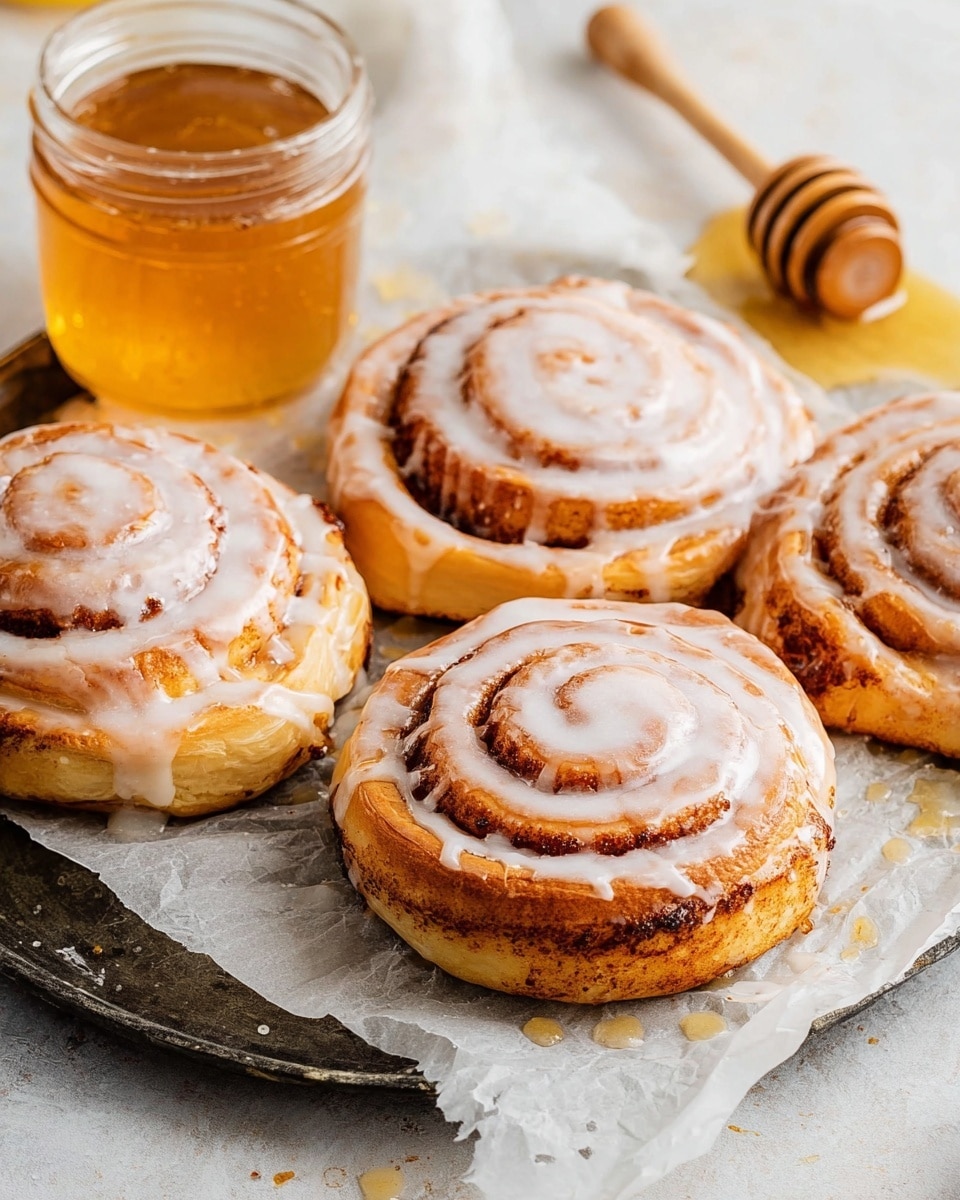 The image shows four cinnamon rolls placed close together on a piece of parchment paper over a dark metal tray. Each roll has a thick spiral layer of golden brown dough, with a lighter brown cinnamon filling visible in the swirls. A shiny white icing glaze covers the top surface of each roll, creating a smooth and glossy texture that follows the spiral pattern. Beside the tray, there is a glass jar filled with amber-colored honey and a wooden honey dipper resting on a white marbled surface with honey dripping around it. The scene is bright and clean with a soft focus on the cinnamon rolls. photo taken with an iphone --ar 4:5 --v 7