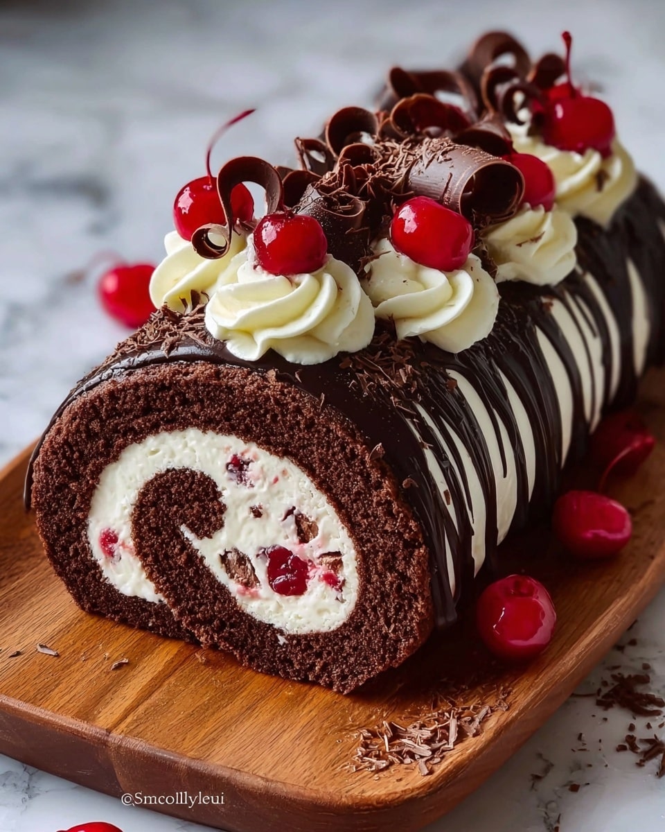 The image shows a chocolate roll cake with three visible layers: a dark brown chocolate sponge cake rolled with a thick white cream filling mixed with small red cherry pieces. The outside is coated in smooth dark chocolate glaze with thin white cream stripes running down the sides. The top is decorated with swirls of white whipped cream, bright red whole cherries, and delicate curled chocolate shavings. The cake is placed on a wooden board with a few cherries scattered around it, set against a white marbled surface. Photo taken with an iphone --ar 4:5 --v 7