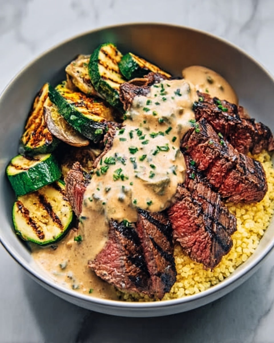 The image shows a white bowl with four layers of food beautifully arranged. At the bottom is a light yellow grain base, with a soft texture. On top of this base, on the right side, there are two pieces of grilled steak, dark brown with clear grill marks, and sliced to reveal a pink center. On the left side of the bowl, there are slices of grilled zucchini, dark green and yellow with charred edges. The steak is topped with a thick, creamy beige sauce that has green herbs sprinkled on it. The bowl is placed on a white marbled surface. photo taken with an iphone --ar 4:5 --v 7