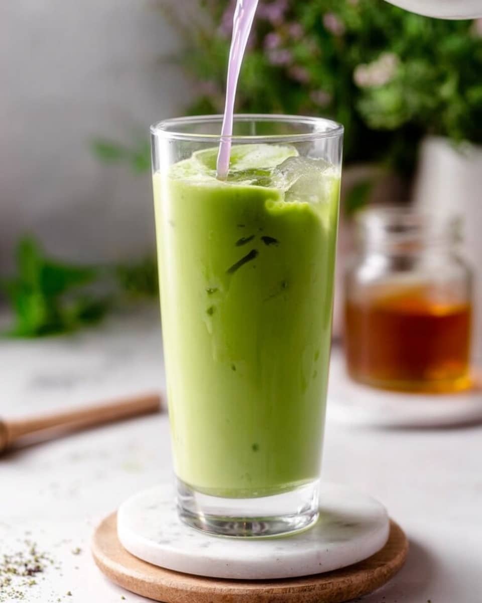 A tall clear glass is filled with a smooth, bright green iced matcha drink that shows small floating ice cubes near the top. Light purple liquid is being poured into the glass, creating a swirl on the surface. The glass is set on two round white marble coasters on a white marbled textured surface. In the out-of-focus background, there are blurred green plants and a small glass jar with honey. photo taken with an iphone --ar 4:5 --v 7