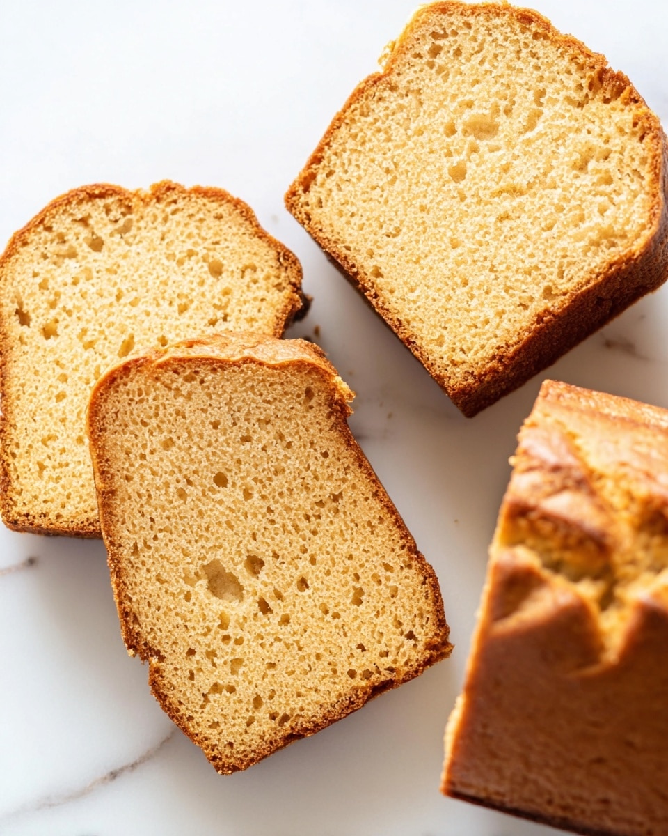 The image shows three pieces of golden brown loaf cake placed on a white marbled surface. Two slices lie flat, revealing a soft, spongy texture with small air holes inside, while the third piece stays upright, showing its browned crust and slightly swirled top. The cake's color is a warm light tan with darker edges that appear slightly crispy. The close-up view highlights the moist crumb and delicate crumb structure. photo taken with an iphone --ar 4:5 --v 7