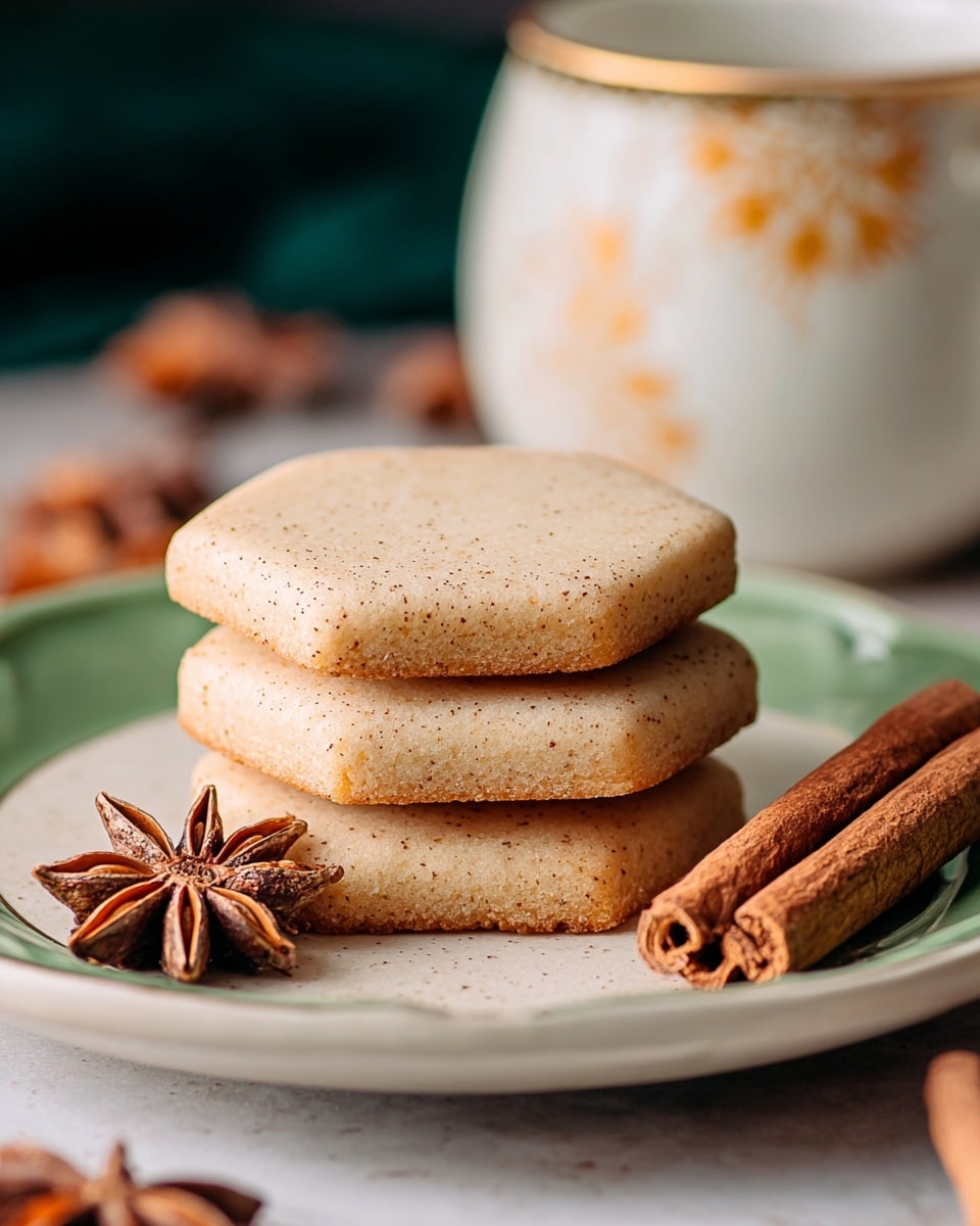 A stack of three light brown hexagon-shaped cookies with smooth, slightly speckled surfaces is centered on a white plate with a green edge. The cookies have gently rounded edges and a soft texture. To the left side of the stack, there are two star anise pieces placed on the plate, and in the foreground, two cinnamon sticks lie diagonally across the bottom right corner. In the blurred background, there is a white mug with a golden-brown pattern and more star anise in warm tones. The surface under the plate is a white marbled texture. photo taken with an iphone --ar 4:5 --v 7