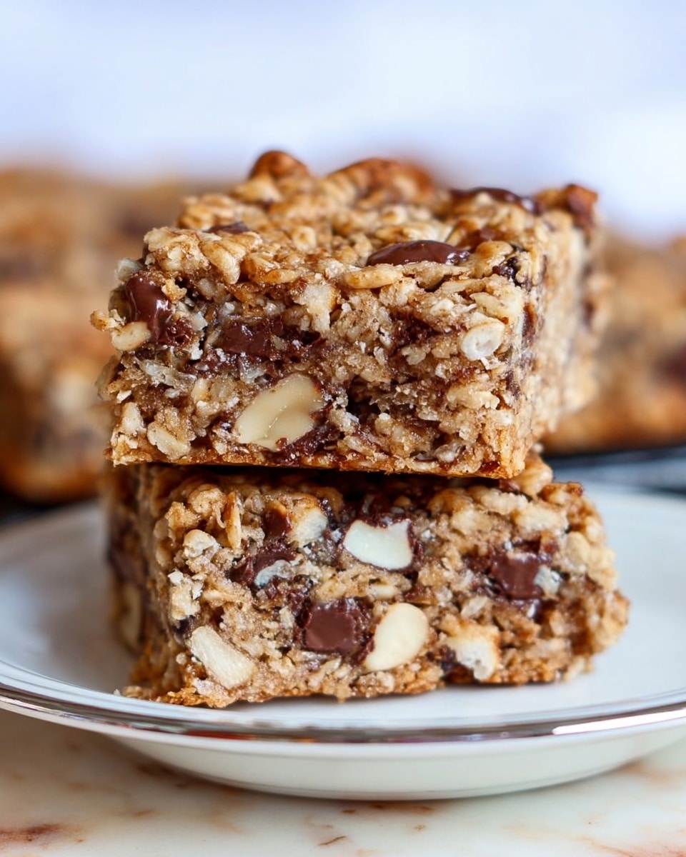 The image shows two square oat bars stacked on a white plate with a silver rim, placed on a white marbled surface. Each bar has a dense texture with visible oats, chunks of nuts that are off-white and light brown, and melted dark chocolate pieces dispersed throughout. The top bar in the stack slightly overlaps the bottom bar, showing the grainy, chewy texture inside. The color palette of the bars ranges from light golden brown to dark brown with hints of creamy white from the nuts. The background is softly blurred, keeping the focus on the oat bars in the foreground. Photo taken with an iphone --ar 4:5 --v 7