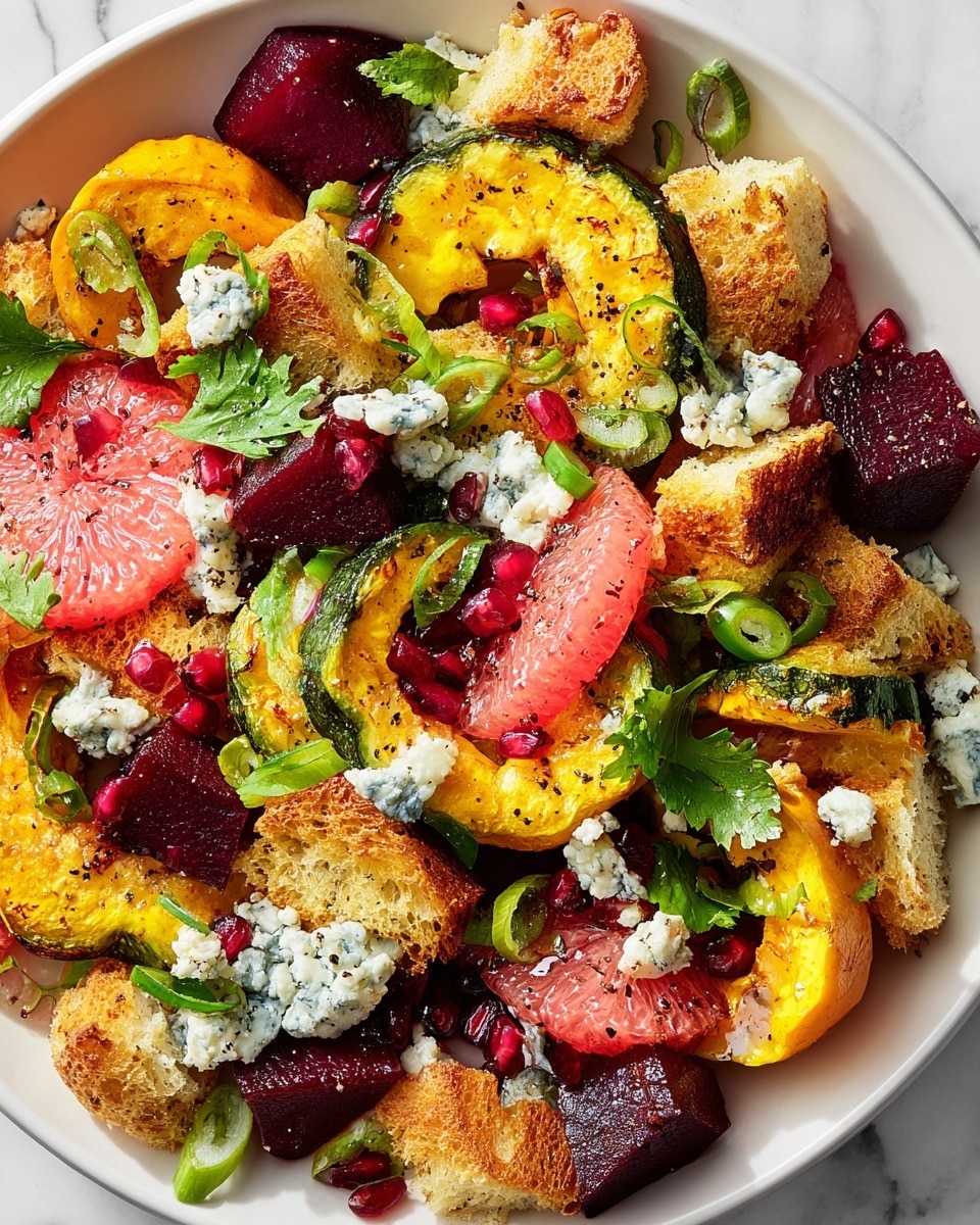 The image shows a colorful salad in a white bowl on a white marbled surface, with a mix of layers. The bottom layer has golden toasted bread cubes with a crispy texture. Above this are roasted yellow squash pieces, some with green skins, charred at the edges. Juicy pink grapefruit segments are scattered throughout, along with deep red beet cubes. Small bright red pomegranate seeds add pops of color. There are sprinkled chunks of crumbly blue cheese with a creamy white and blue pattern. Fresh green parsley leaves and sliced green onions are spread over the salad, giving it a fresh look. The salad is lightly seasoned with black pepper. photo taken with an iphone --ar 4:5 --v 7