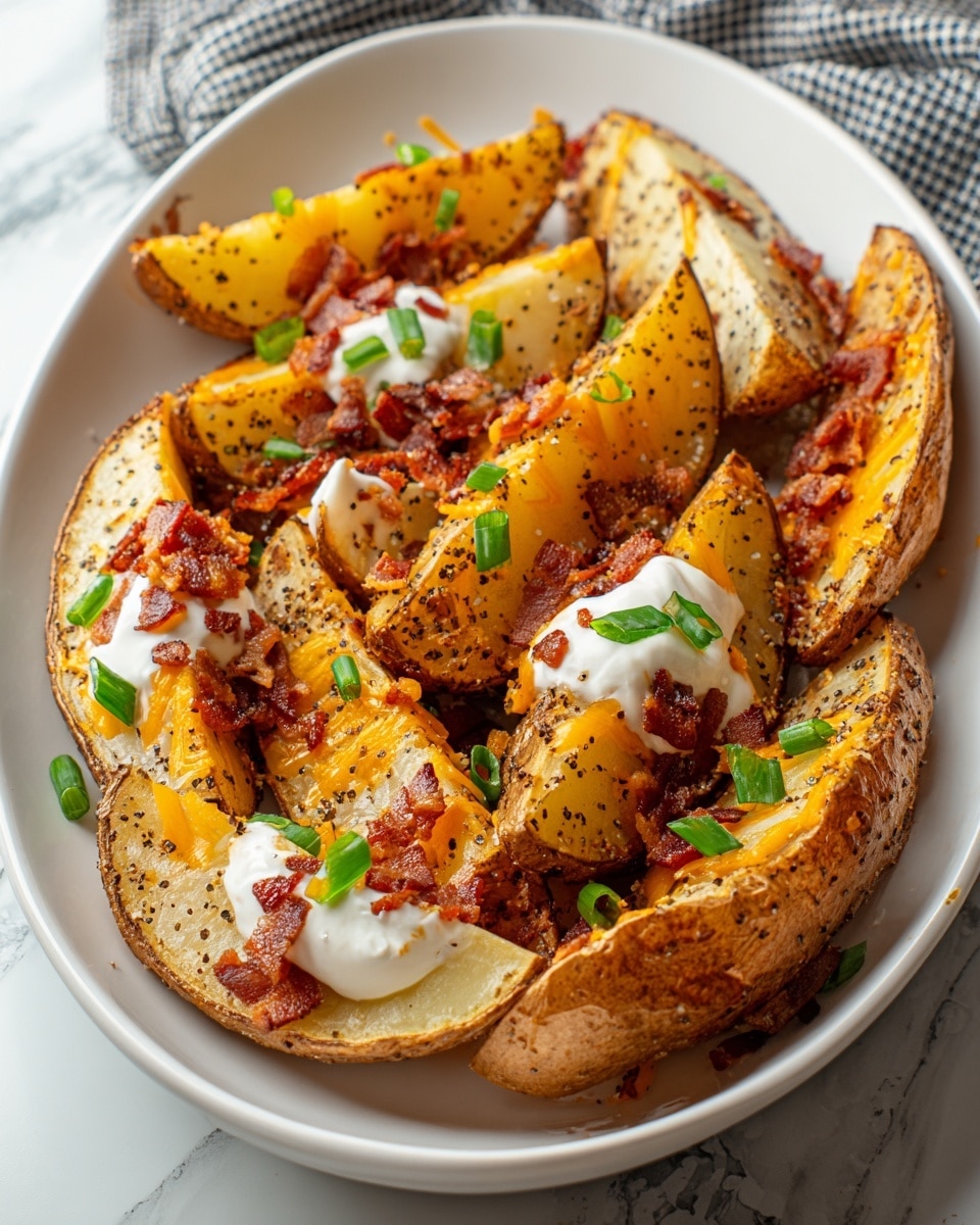 A white oval plate filled with large potato wedges arranged in a scattered pile, each wedge showing a golden brown skin and soft cream-colored inside sprinkled with black pepper. Some wedges are topped with melted bright orange cheddar cheese and crumbled crispy dark brown bacon. Dollops of white sour cream sit on a few wedges, garnished with small pieces of fresh green chopped scallions. The plate rests on a white marbled surface with a gray and white checkered cloth in the background. photo taken with an iphone --ar 4:5 --v 7