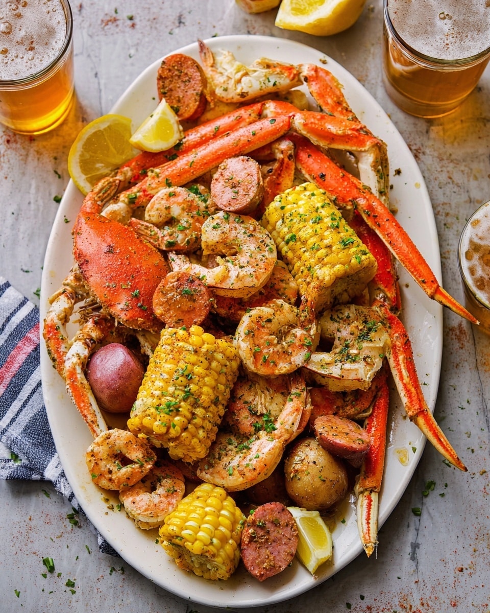A large white oval plate filled with a seafood boil layered with bright orange crab legs spread over the top, stacked with several pink shrimp that have a slightly shiny, seasoned surface, and pieces of sausage with a reddish-brown color scattered around. Near the center, there is a section of yellow corn on the cob covered in seasoning, surrounded by light red boiled potatoes. A few lemon wedges with bright yellow skin and textured flesh are placed on top and around the plate. The whole dish is sprinkled with herbs and spices, giving a speckled green and black look. The plate sits on a white marbled textured surface, with two glasses of beer nearby adding a golden amber tone to the scene. photo taken with an iphone --ar 4:5 --v 7