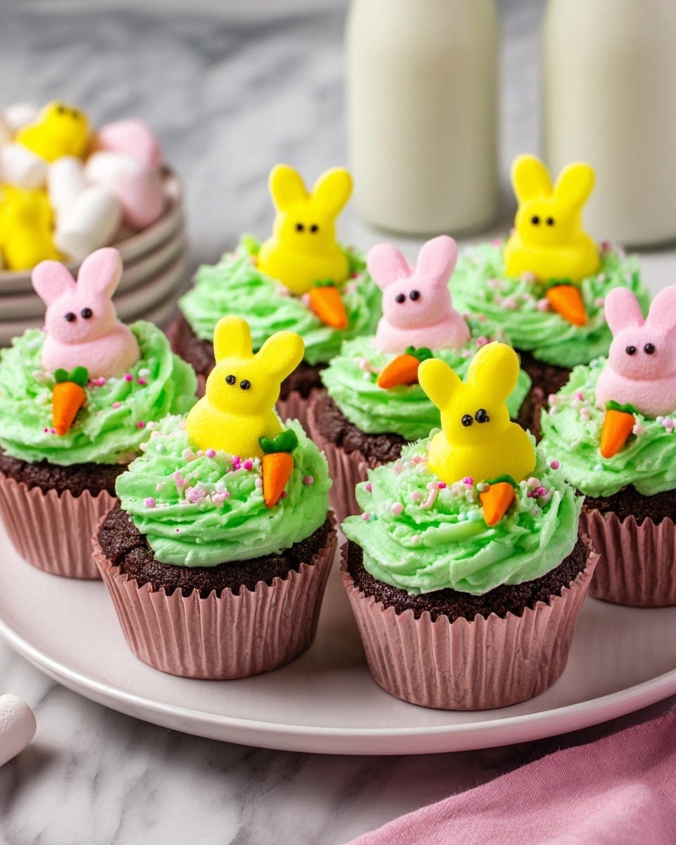 The image shows a white plate holding six chocolate cupcakes, each in a pink or light brown paper cup. On top of each cupcake, there is a thick swirl of bright green frosting. Sticking out from the frosting are marshmallow bunny shapes in bright yellow and pink colors, with small brown eyes. Tiny decorative candy carrots and small round candy sprinkles add extra detail on the frosting around the bunnies. The plate is set on a white marbled surface, and more cupcakes and white bottles are partly visible in the background. photo taken with an iphone --ar 4:5 --v 7