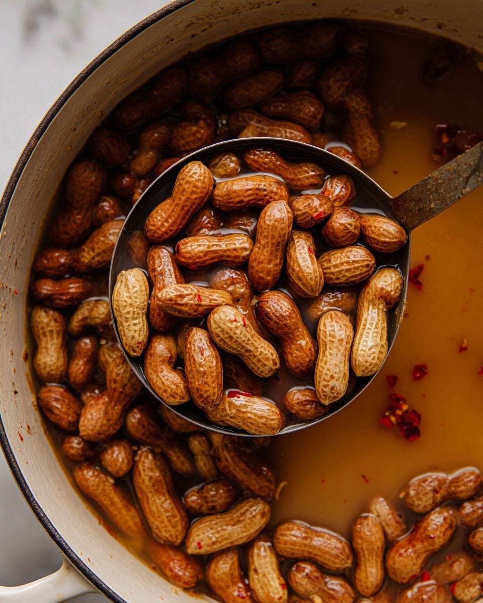 This image shows a close-up of a large white pot filled with cooked peanuts still in their shells, submerged in a light brown broth. The peanuts are a mix of medium and darker brown shades with a rough, textured surface. Scattered red chili flakes are visible on some peanuts. A large metal ladle scoops up several peanuts and some broth on the right side of the pot. The background is a white marbled texture. photo taken with an iphone --ar 4:5 --v 7