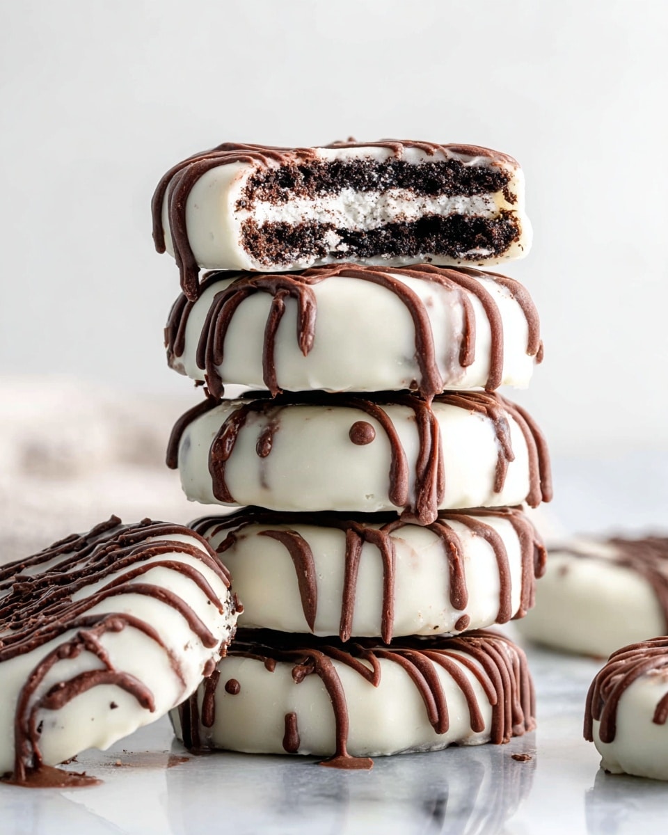 A stack of five round chocolate sandwich cookies covered in smooth white coating with dark chocolate drizzle running down the sides, each cookie showing the textured white filling inside between two dark brown cookie layers; one cookie is broken in half and placed on top, exposing the thick white filling and dark chocolate cookie layers clearly, with another half cookie placed on the white marbled surface next to the stack. Photo taken with an iphone --ar 4:5 --v 7