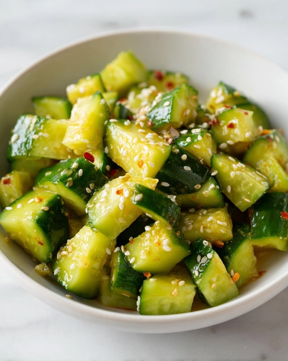 A bowl filled with bright green cucumber pieces cut into small irregular chunks, mixed with a glossy brown sauce that lightly coats each piece. The cucumber chunks are sprinkled generously with small white sesame seeds and tiny red chili flakes, adding texture and color contrast. The bowl is white and sits on a white marbled texture surface, creating a clean and fresh look. photo taken with an iphone --ar 4:5 --v 7