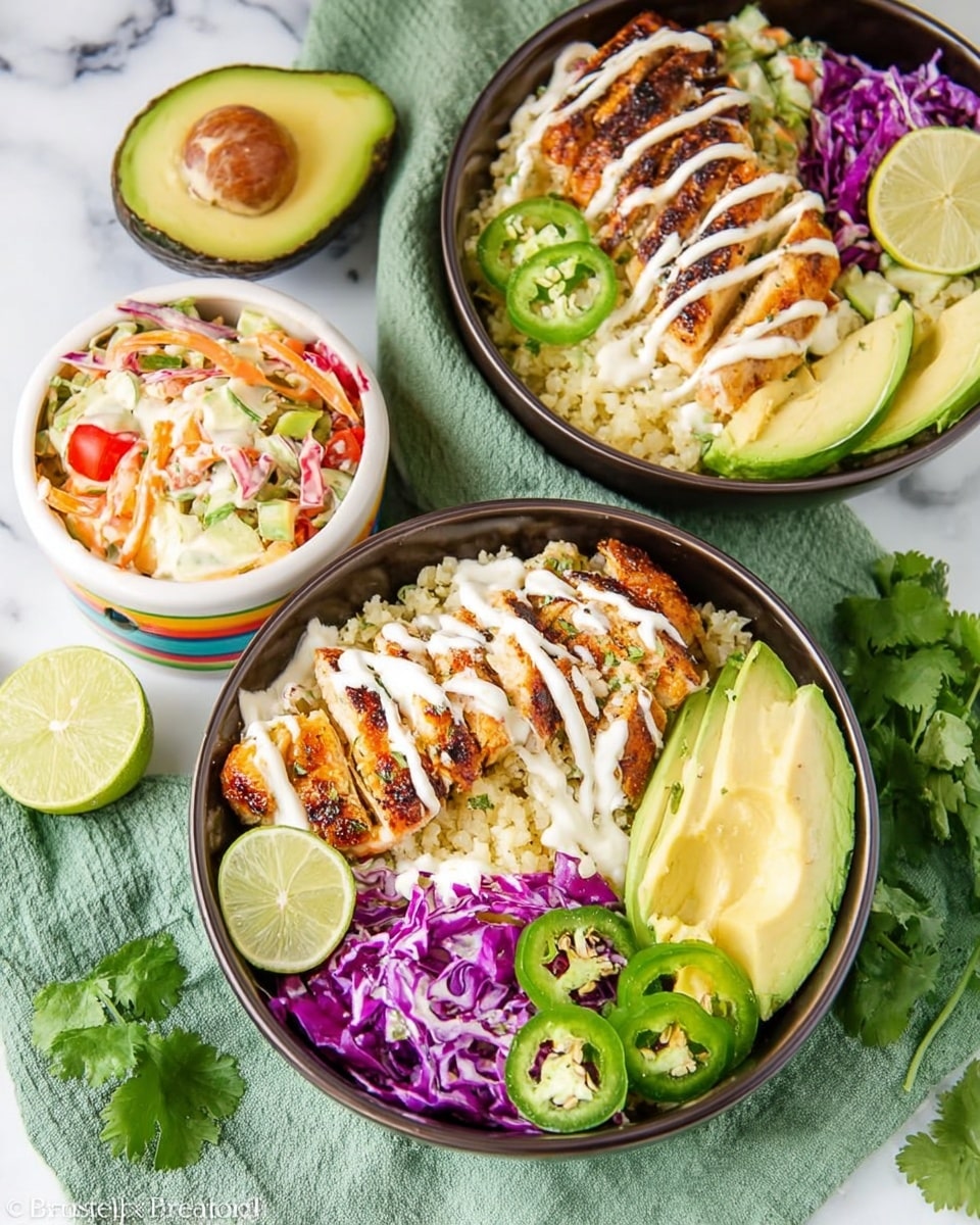 Two bowls filled with colorful food sit on a white marbled surface with green cloth underneath. Each bowl has three main layers: a bottom layer of light cauliflower rice, a middle layer with golden-brown grilled chicken strips topped with white sauce drizzles, and a side layer of fresh salad with purple cabbage, shredded carrots, and tomatoes. On one side of the bowls, there are thick slices of green avocado and fresh jalapeño rounds, and bright lime wedges are placed on the salad. In the background, there is a small white bowl with colorful striped patterns filled with a creamy salad, halves of ripe green avocado, halved limes, and fresh green cilantro scattered around. The bowls are dark outside and white inside, with the food arranged neatly for a fresh and vibrant look. Photo taken with an iphone --ar 4:5 --v 7