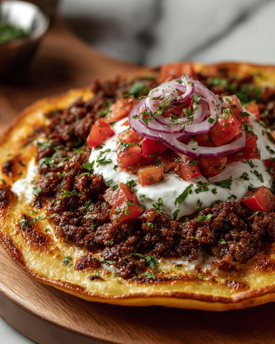 A pizza with one visible layer of thick, golden-brown crust with charred spots around the edges, topped with a bright red tomato sauce spread evenly. On top there is a layer of creamy white cheese sauce or melted cheese with a smooth texture, scattered chunks of browned ground meat, fresh green arugula leaves, small red tomato pieces, and thin slices of purple-red onion. The pizza is served on a white plate placed on a white marbled surface with warm natural light highlighting the textures. Photo taken with an iphone --ar 4:5 --v 7