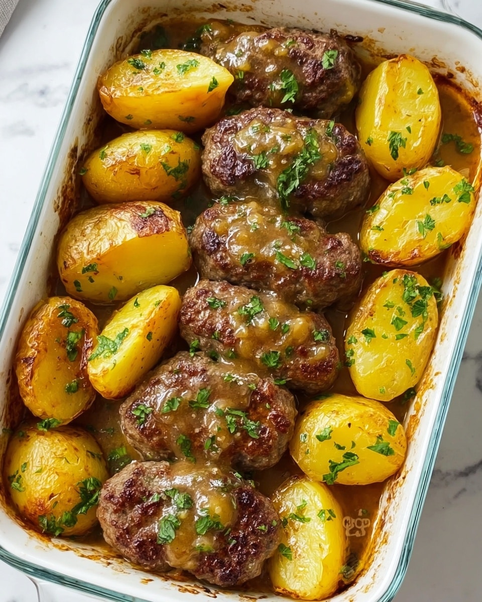 A white square baking dish filled with twelve evenly spaced oblong brown meat pieces on top of a thick, creamy light beige sauce layer, garnished with small green chopped herbs sprinkled over the sauce and meat. The sauce has a smooth texture with slight browning and specks of ground spices adding red color on the surface. The baking dish is placed on a white marbled texture with blurred background elements of a lemon, green herbs in a clear glass bowl, a small bowl of red spice, and a white bowl with a creamy white sauce. Photo taken with an iphone --ar 4:5 --v 7