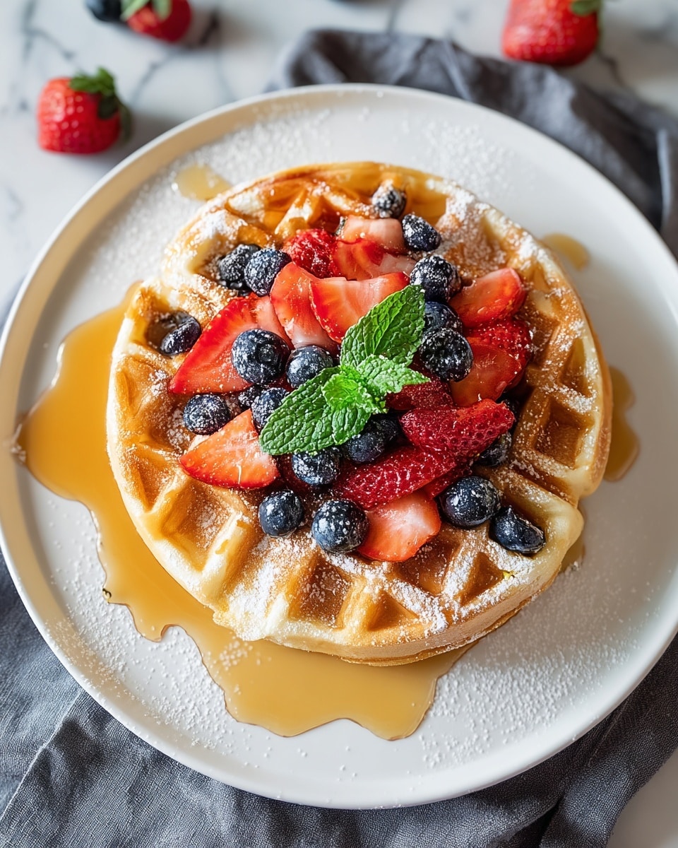 A single golden brown waffle with a crisp texture sits centered on a white plate, topped with a layer of fresh mixed berries including red strawberries and blueberries. The strawberries are sliced, showing their juicy red interior, while whole blueberries add depth with their dark blue color. A fresh green mint leaf sits in the middle, adding a pop of color. The waffle is lightly dusted with powdered sugar and drizzled with amber syrup that glistens and pools around the base on the plate. The plate rests on a soft gray cloth on a white marbled surface, with some berries scattered around the edge. photo taken with an iphone --ar 4:5 --v 7