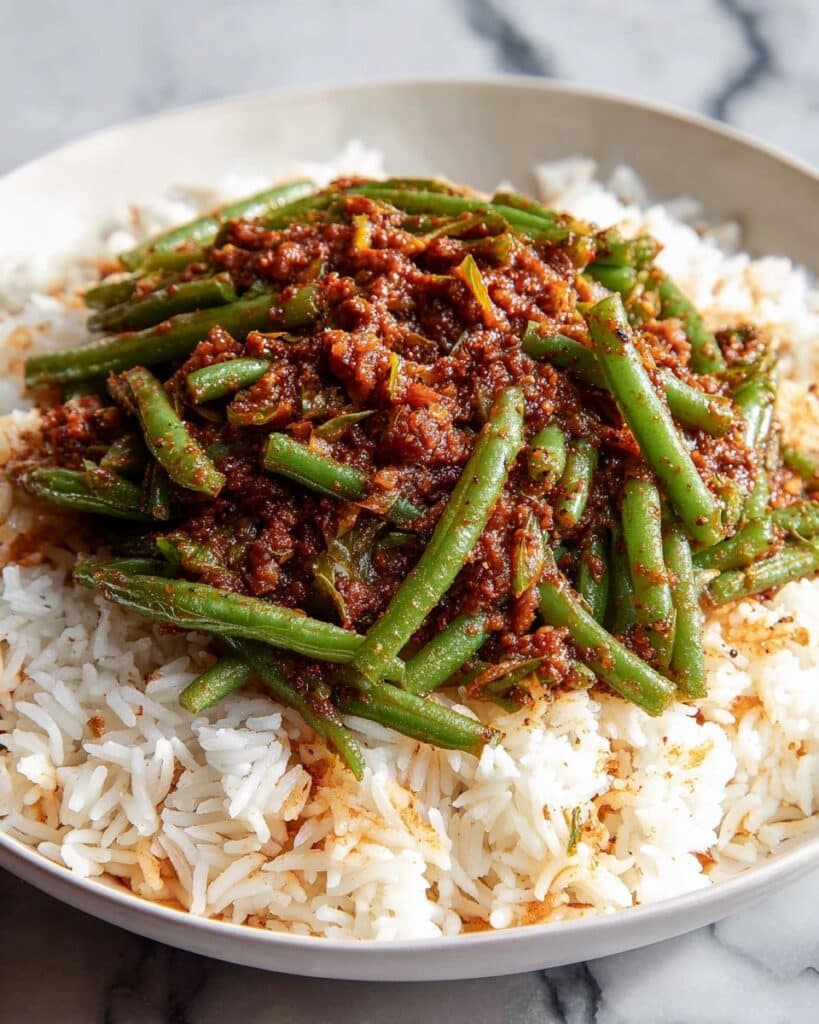 Stewed Green Beans with Tomato and Spices over Rice Recipe