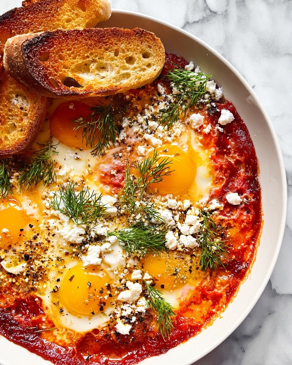 The dish shows a white round plate filled with a tomato sauce base in deep red with some oily shine, topped by three sunny yellow eggs with their yolks whole and whites set irregularly around them. There is a sprinkle of crumbly white cheese scattered over the eggs and sauce along with black cracked pepper and some herbs. Two toasted slices of bread with a golden-brown crust are placed on the left side, overlapping slightly. Green fresh dill sprigs sit on top for garnish. All this is set on a white marbled surface. photo taken with an iphone --ar 4:5 --v 7