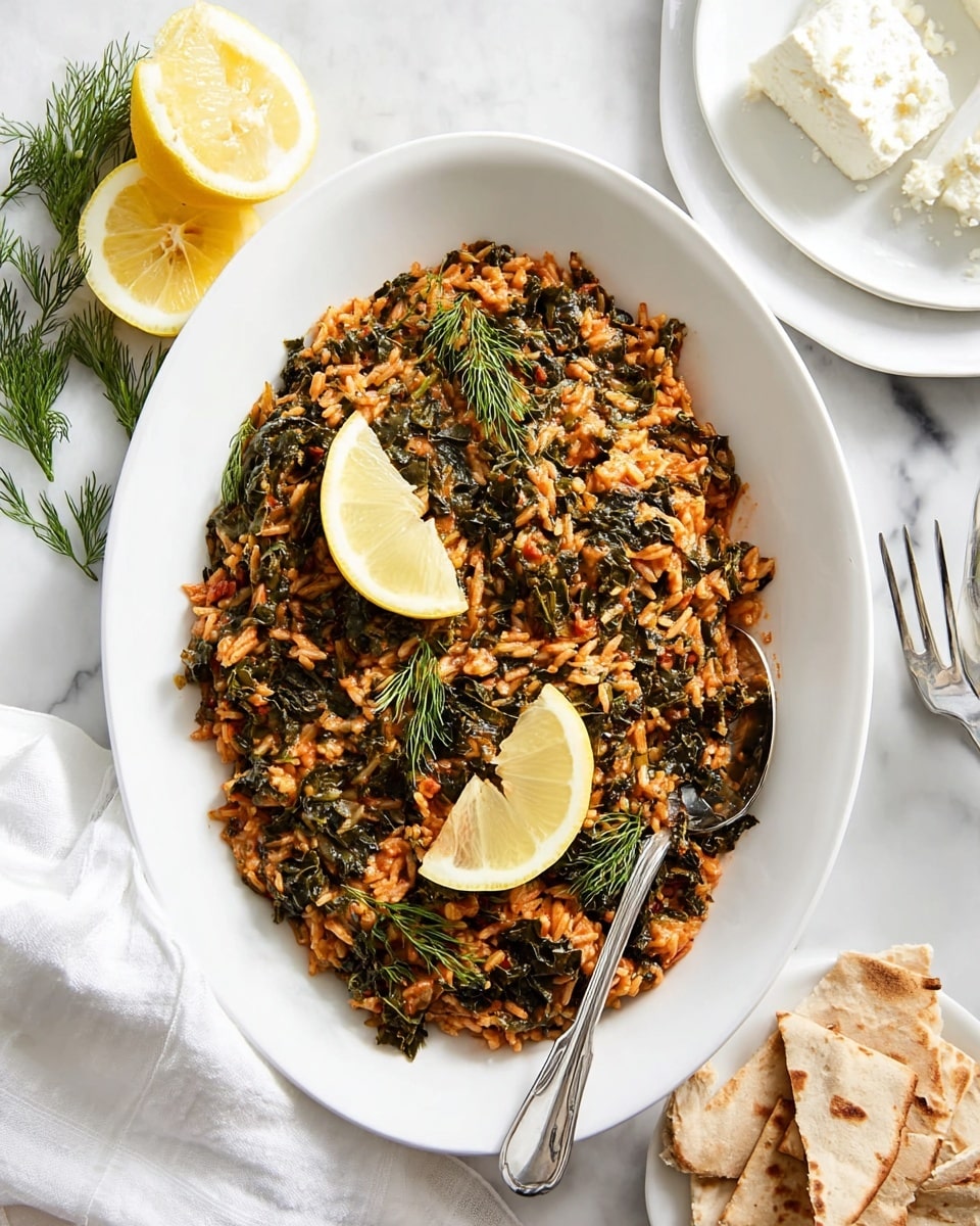 The dish shown is a white oval plate filled with a cooked mix of rice and dark green leafy vegetables, creating a textured, slightly moist look with a reddish tint around the edges from sauce. On top, there are two lemon wedges placed at opposite sides and small sprigs of fresh green dill scattered, adding detail. A silver spoon is placed inside the plate on the right side, partially covered by the rice and greens. Surrounding the plate is a white marbled surface with a half lemon, a white plate with a fork, a small white dish holding white cheese, and some triangular pieces of flatbread on the right side near a white cloth. Photo taken with an iphone --ar 4:5 --v 7