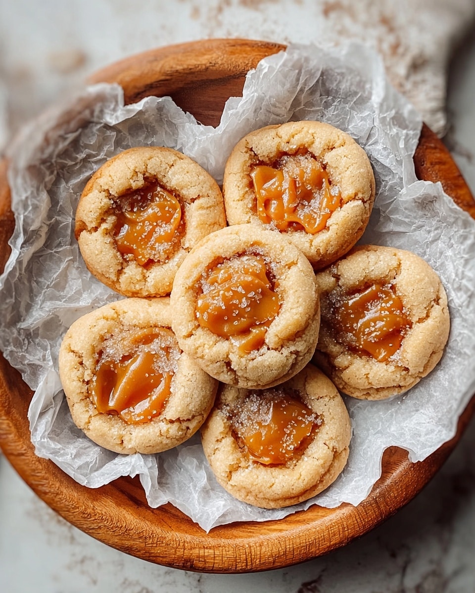 Seven round cookies with a golden orange color and soft texture are arranged on a white parchment paper. Each cookie has a slightly cracked surface with shiny, melted caramel or butterscotch spots in the middle, giving a gooey appearance. The edges are slightly darker and crisp, and the cookies rest on a white marbled textured surface, showing a rustic look. The photo taken with an iphone --ar 4:5 --v 7