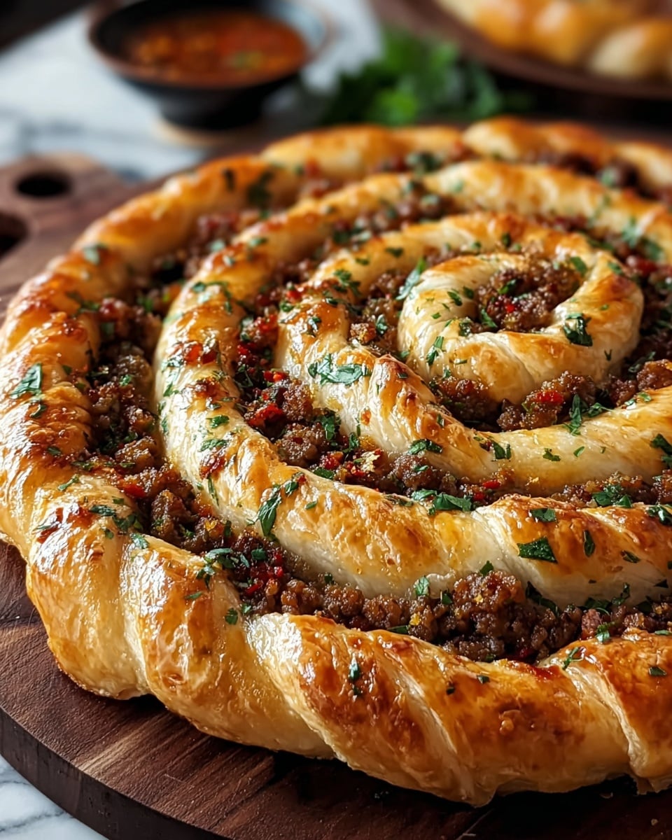 A close-up view of a spiral-shaped pie with three visible layers: the outer crust is golden-brown, thick, and twisted with a shiny, flaky texture, forming the edge; the next layer is finely crumbled ground meat mixed with small bits of red bell pepper and sprinkled with chopped green herbs, filling the space between the crust and the spiral; the inner spiral layer is made of a similar golden flaky pastry, twisting inward with a smooth and glossy finish, also topped with green herbs scattered on the meat and dough surfaces. The pie sits on a dark wooden round board against a white marbled texture background, a small bowl of reddish sauce is visible in the blurred background. photo taken with an iphone --ar 4:5 --v 7