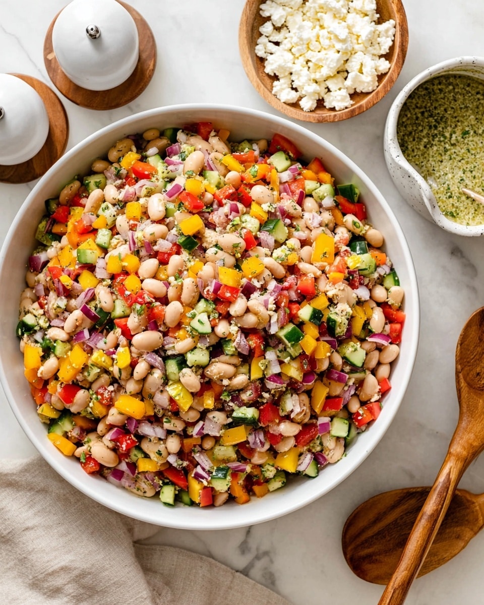 A big white bowl filled with a colorful, mixed bean salad made of small, chopped pieces of red, yellow, and orange peppers, white beans, small chunks of green cucumber, bits of red onion, and some green herbs scattered throughout, creating a bright and fresh look. The mix is evenly spread in the bowl showing a textured, chunky surface. Around the bowl on a white marbled surface, there are salt and pepper shakers made of white marble on a wooden base, a small white bowl with crumbled white cheese, a white sauce dish with a thick green dressing, and wooden salad serving utensils with handles. photo taken with an iphone --ar 4:5 --v 7