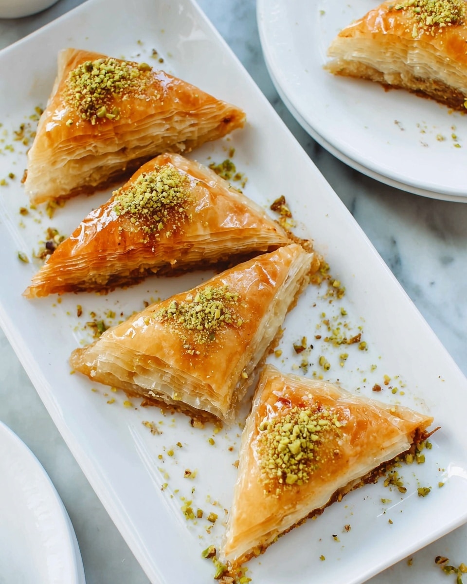 The image shows a close-up of four triangular pastries arranged neatly on a white rectangular plate. Each pastry has many thin, golden-brown, crispy layers with a shiny glaze on top. A sprinkle of crushed green pistachios rests on the center of each triangle, adding texture and color contrast. The plate is set on a white marbled surface, and in the top right, another white round plate holds a single pastry slice, partially visible. photo taken with an iphone --ar 4:5 --v 7